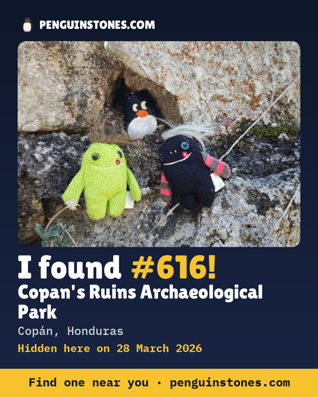 Obrázok s nápisom „I found #616“: fotka kameňa, kde je a ako ďaleko docestoval