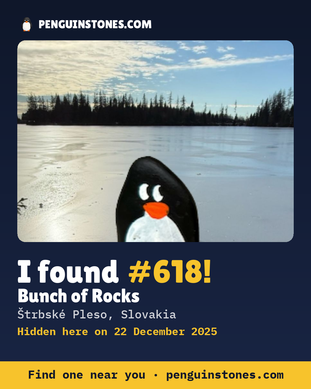 Obrázok s nápisom „I found #618“: fotka kameňa, kde je a ako ďaleko docestoval
