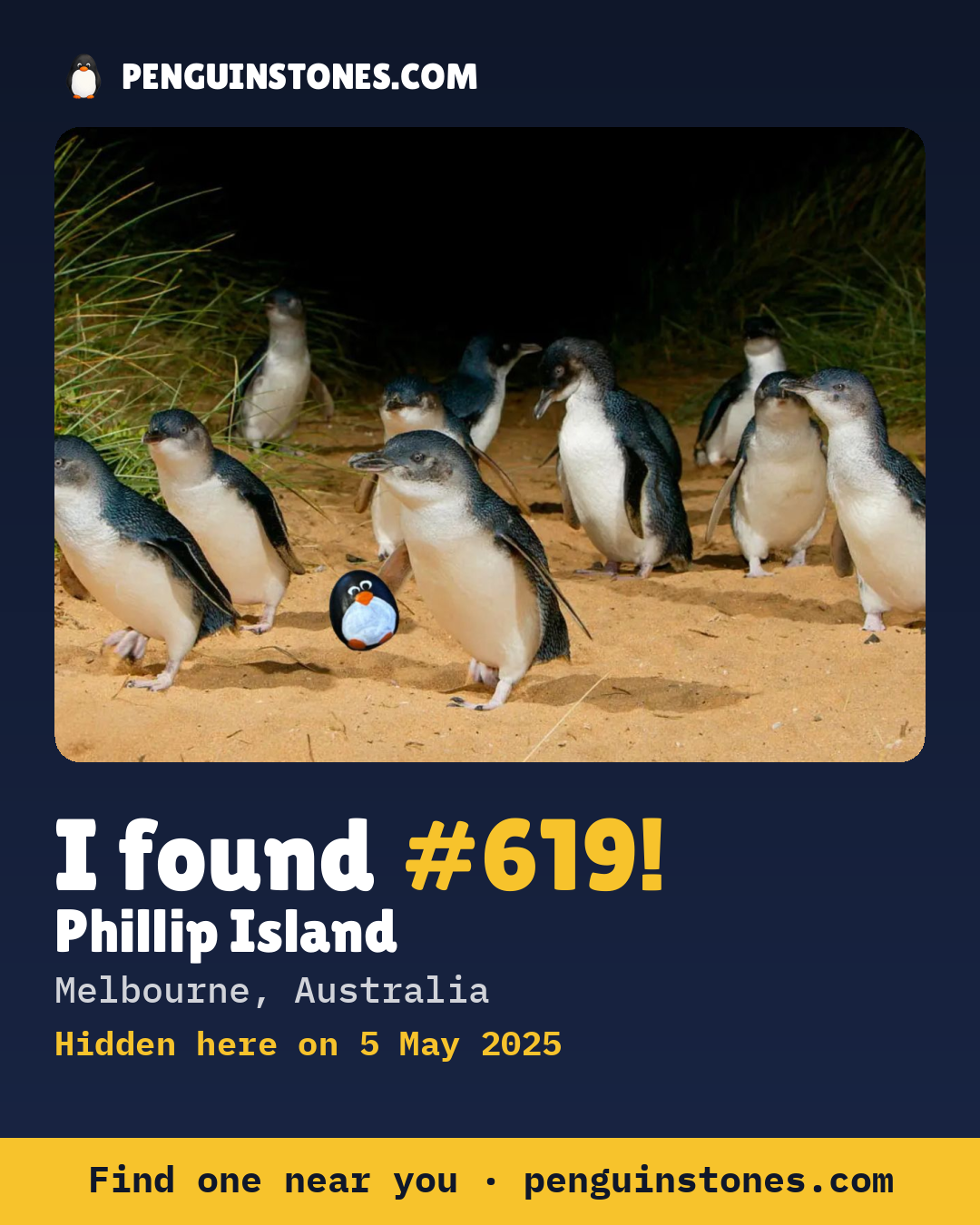 Obrázok s nápisom „I found #619“: fotka kameňa, kde je a ako ďaleko docestoval