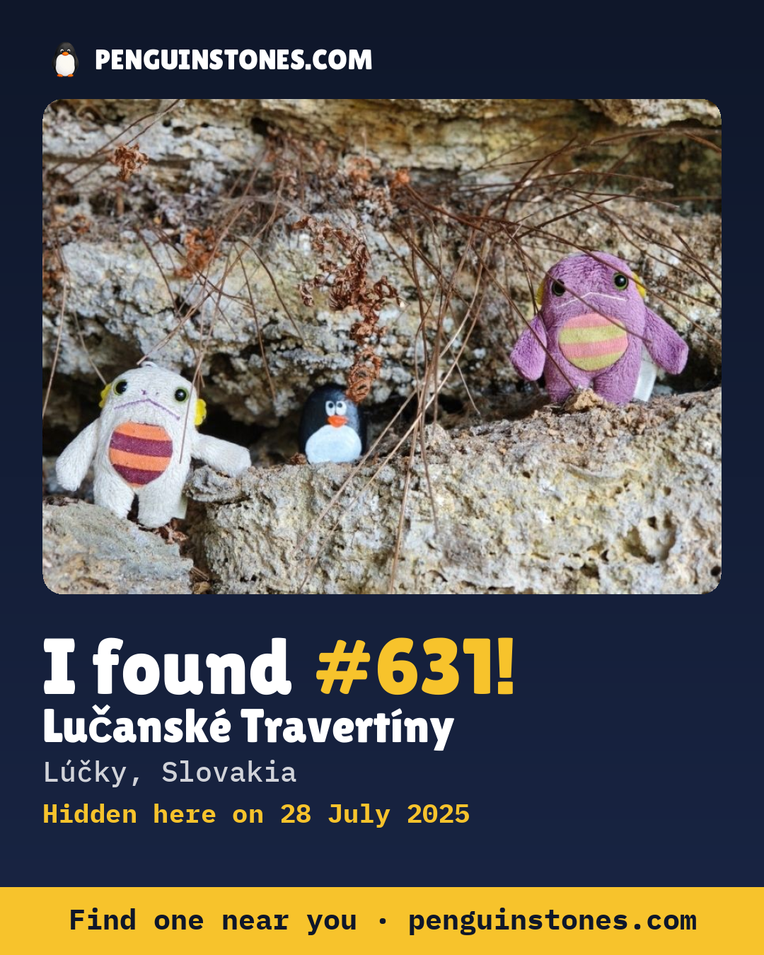 Obrázok s nápisom „I found #631“: fotka kameňa, kde je a ako ďaleko docestoval