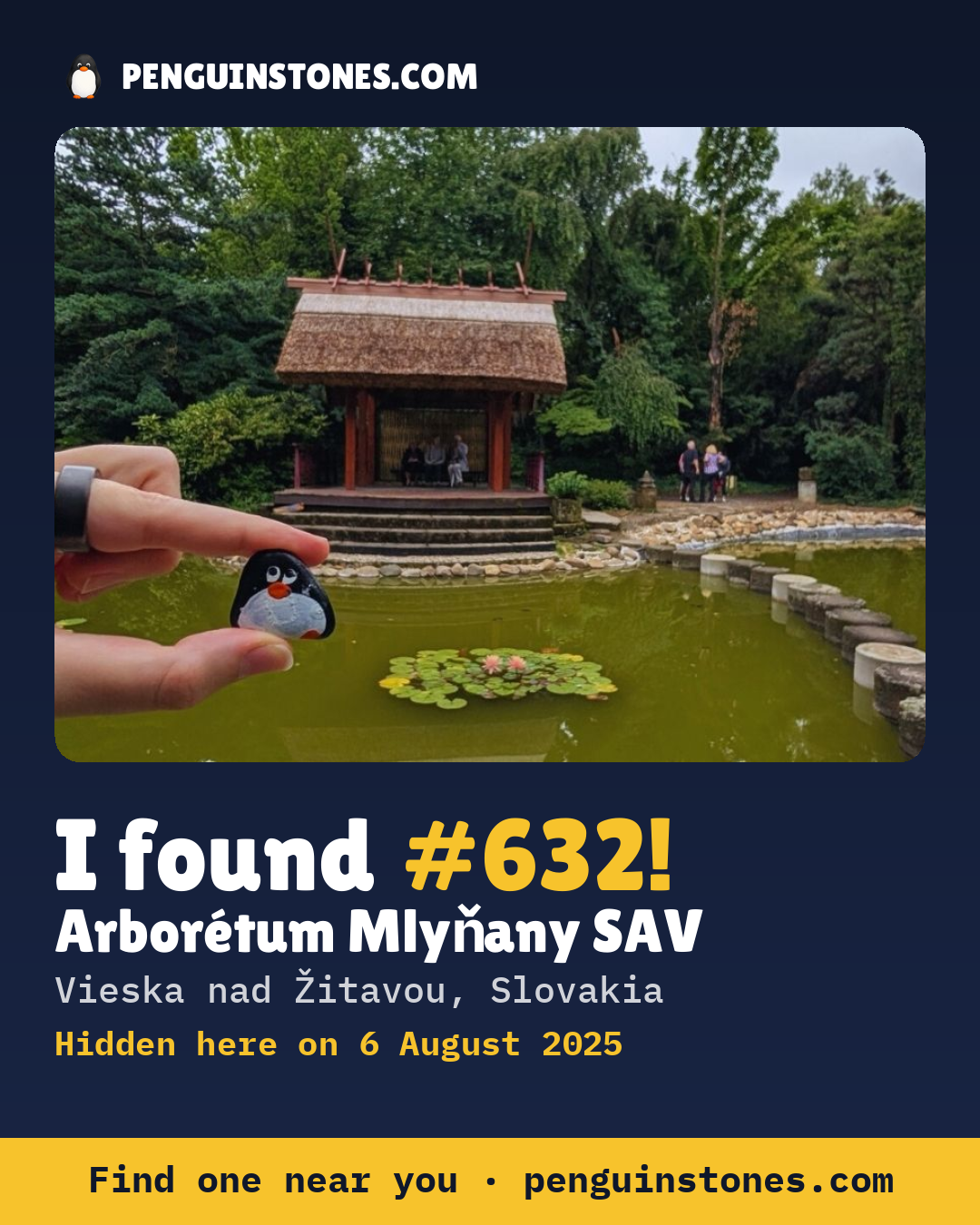 Obrázok s nápisom „I found #632“: fotka kameňa, kde je a ako ďaleko docestoval