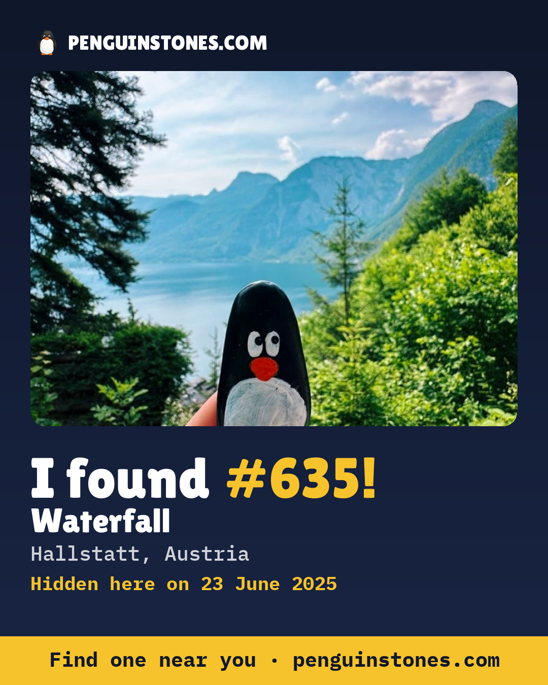 Obrázok s nápisom „I found #635“: fotka kameňa, kde je a ako ďaleko docestoval