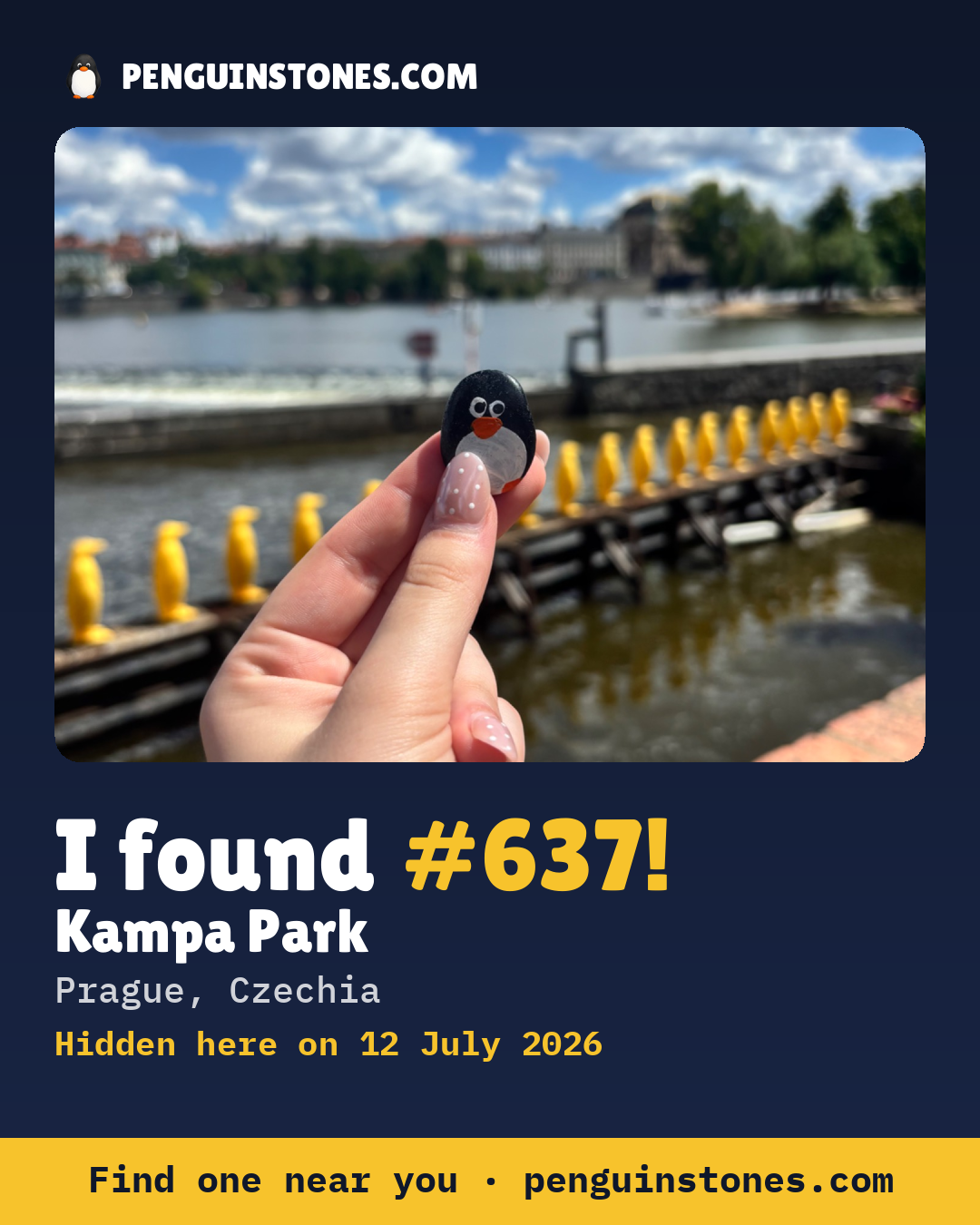 Obrázok s nápisom „I found #637“: fotka kameňa, kde je a ako ďaleko docestoval