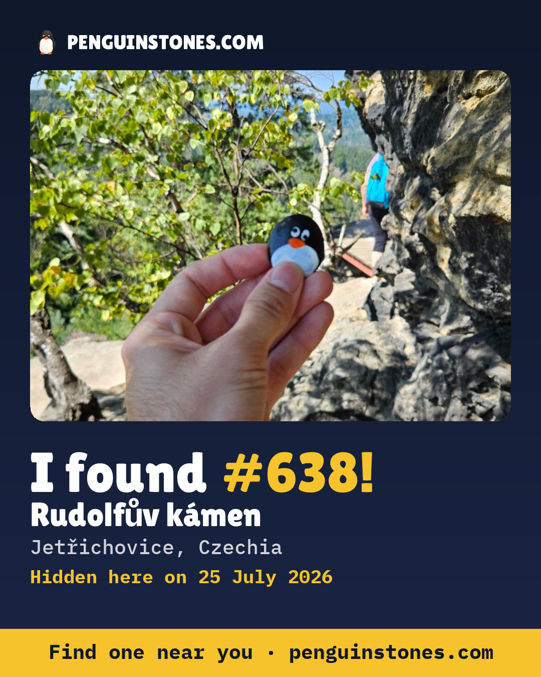Obrázok s nápisom „I found #638“: fotka kameňa, kde je a ako ďaleko docestoval