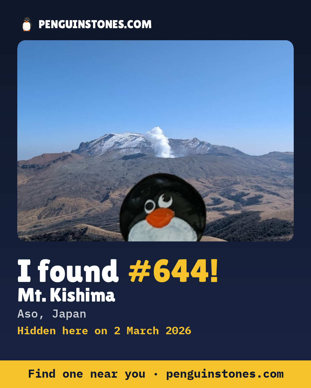 Obrázok s nápisom „I found #644“: fotka kameňa, kde je a ako ďaleko docestoval