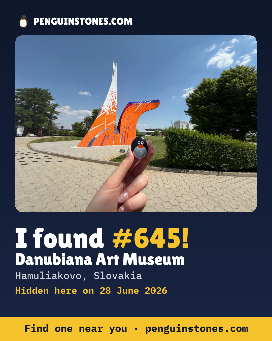 Obrázok s nápisom „I found #645“: fotka kameňa, kde je a ako ďaleko docestoval
