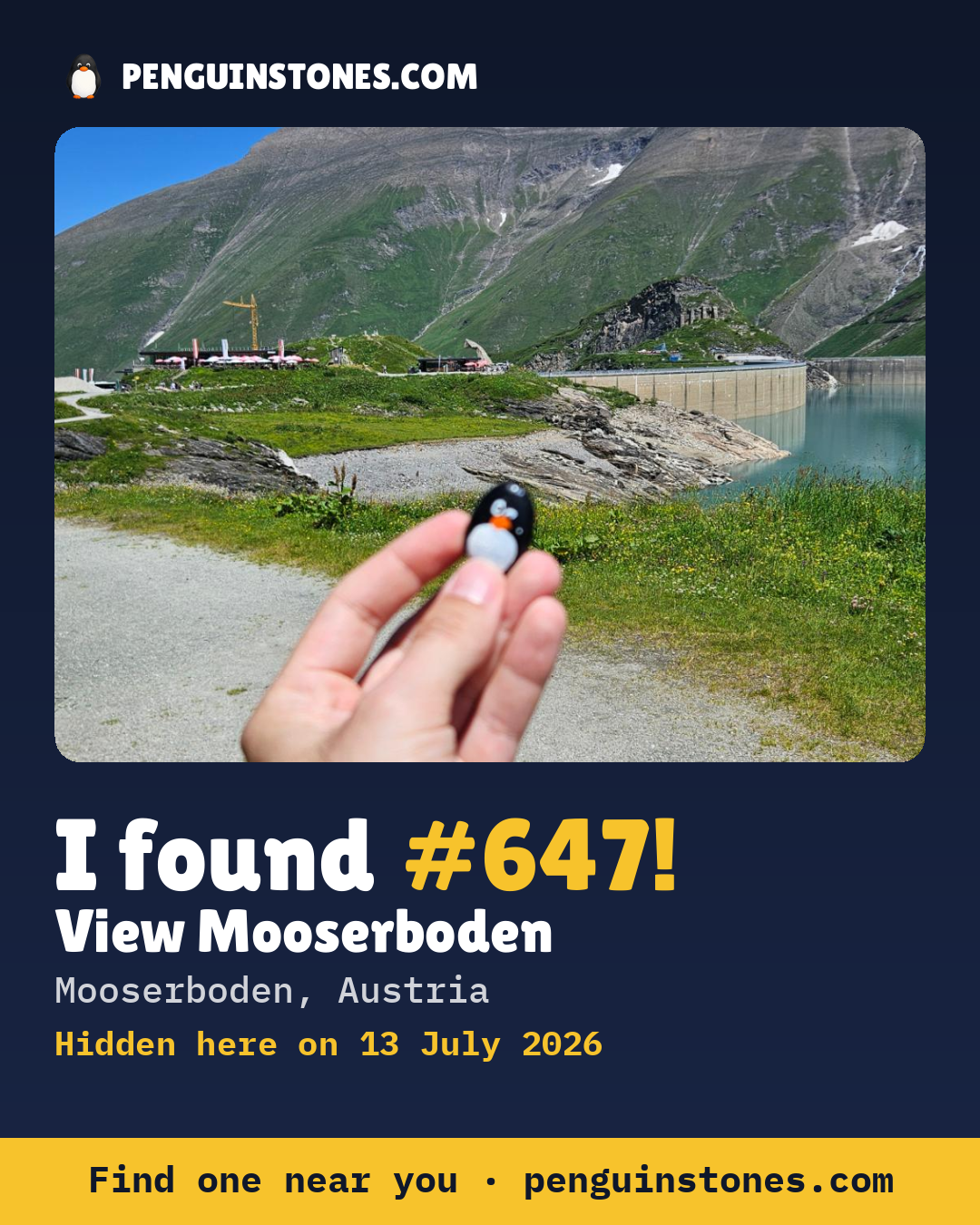 Obrázok s nápisom „I found #647“: fotka kameňa, kde je a ako ďaleko docestoval