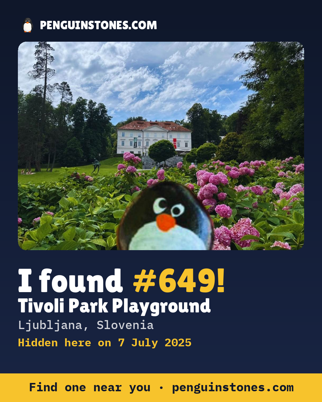 Obrázok s nápisom „I found #649“: fotka kameňa, kde je a ako ďaleko docestoval