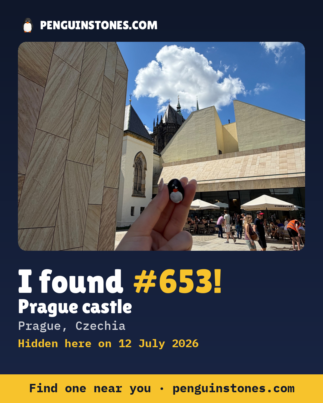 Obrázok s nápisom „I found #653“: fotka kameňa, kde je a ako ďaleko docestoval