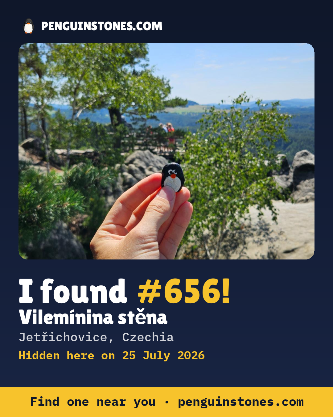 Obrázok s nápisom „I found #656“: fotka kameňa, kde je a ako ďaleko docestoval