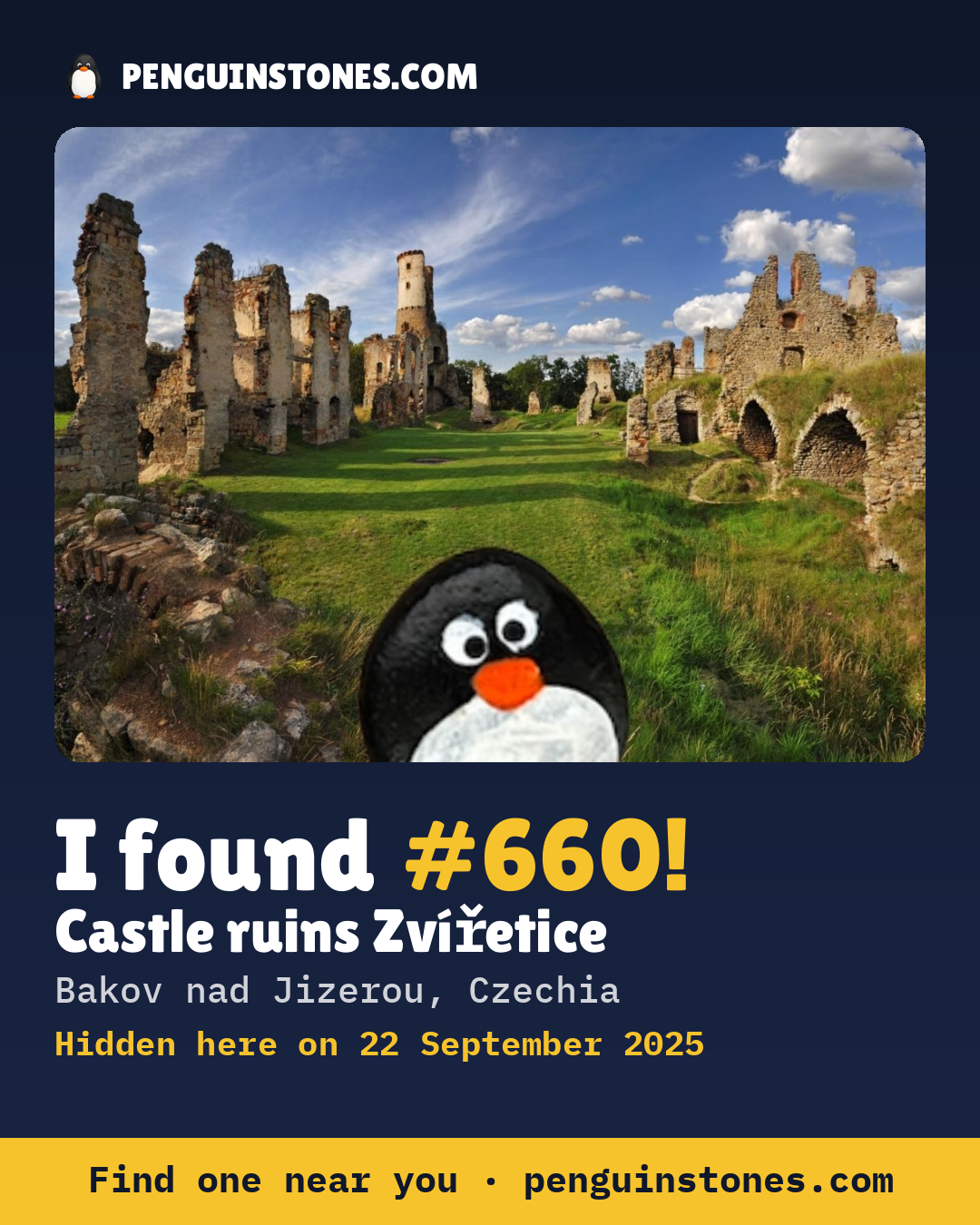 Obrázok s nápisom „I found #660“: fotka kameňa, kde je a ako ďaleko docestoval