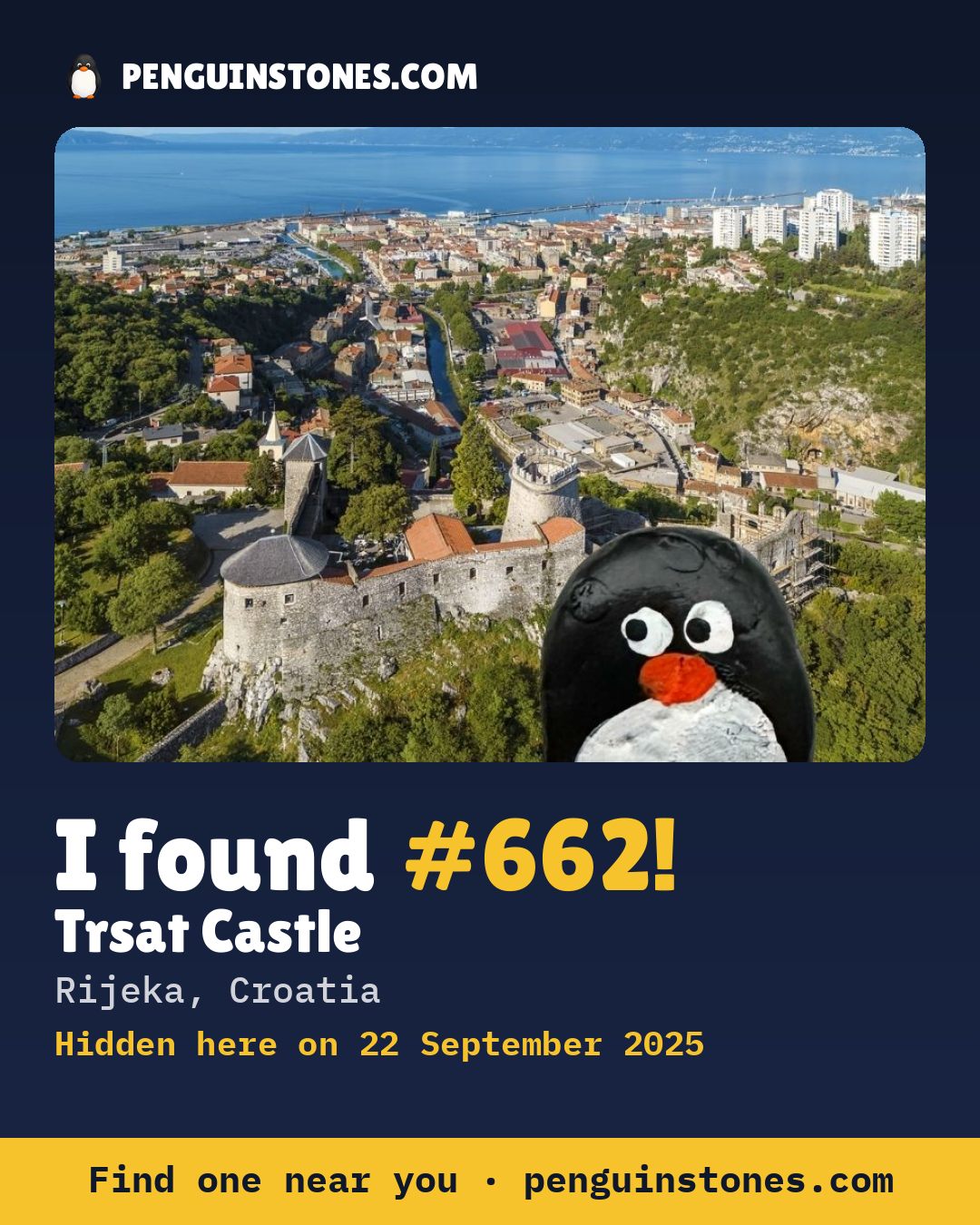 Obrázok s nápisom „I found #662“: fotka kameňa, kde je a ako ďaleko docestoval