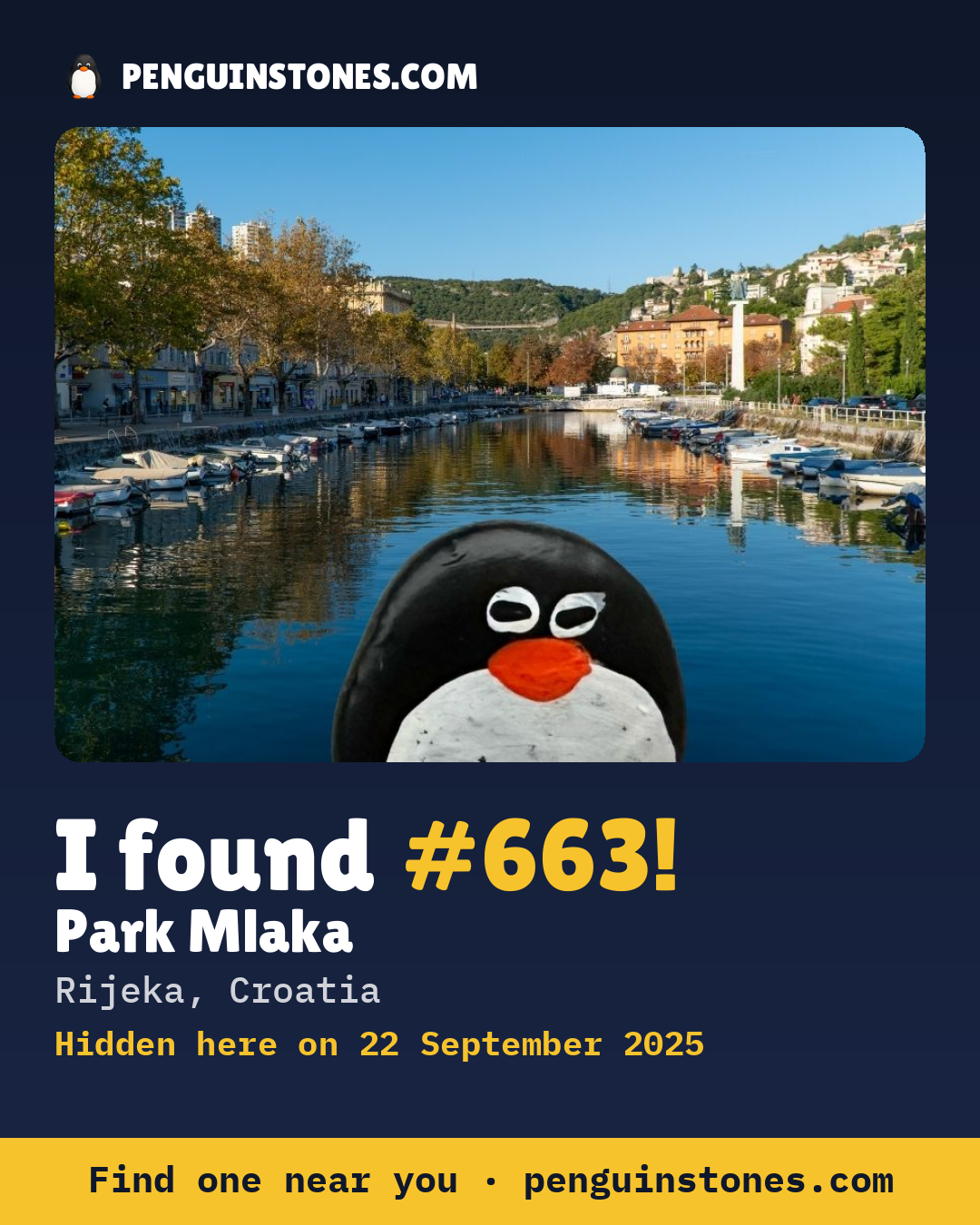 Obrázok s nápisom „I found #663“: fotka kameňa, kde je a ako ďaleko docestoval