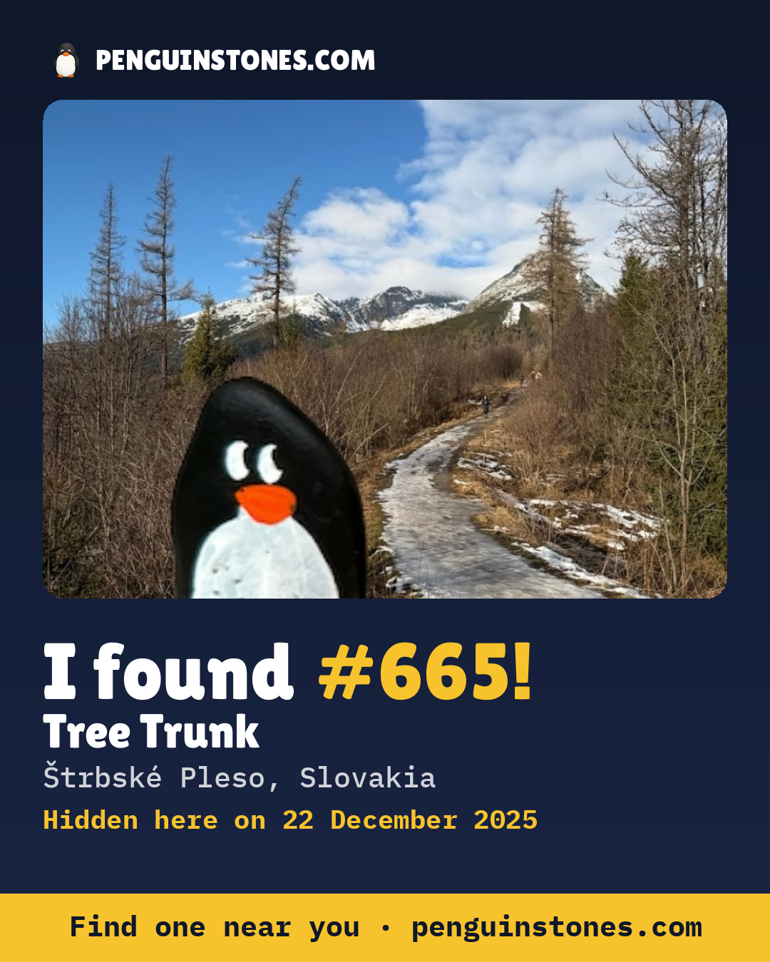 Obrázok s nápisom „I found #665“: fotka kameňa, kde je a ako ďaleko docestoval