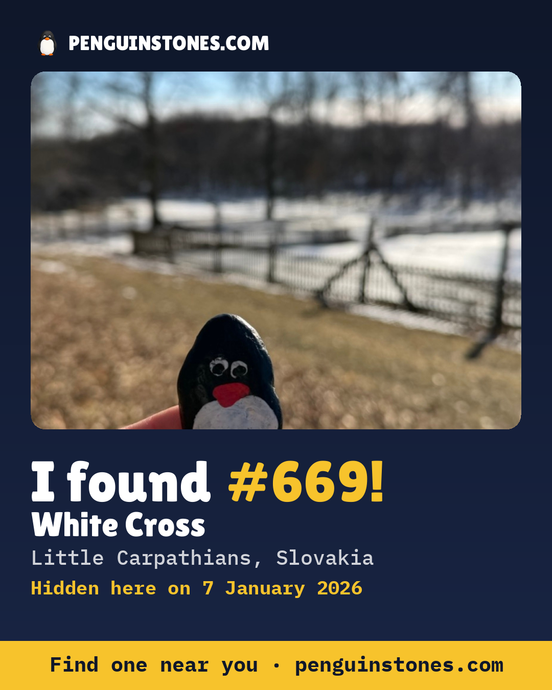 Obrázok s nápisom „I found #669“: fotka kameňa, kde je a ako ďaleko docestoval