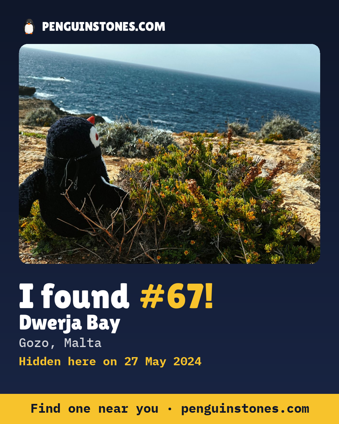 Obrázok s nápisom „I found #67“: fotka kameňa, kde je a ako ďaleko docestoval