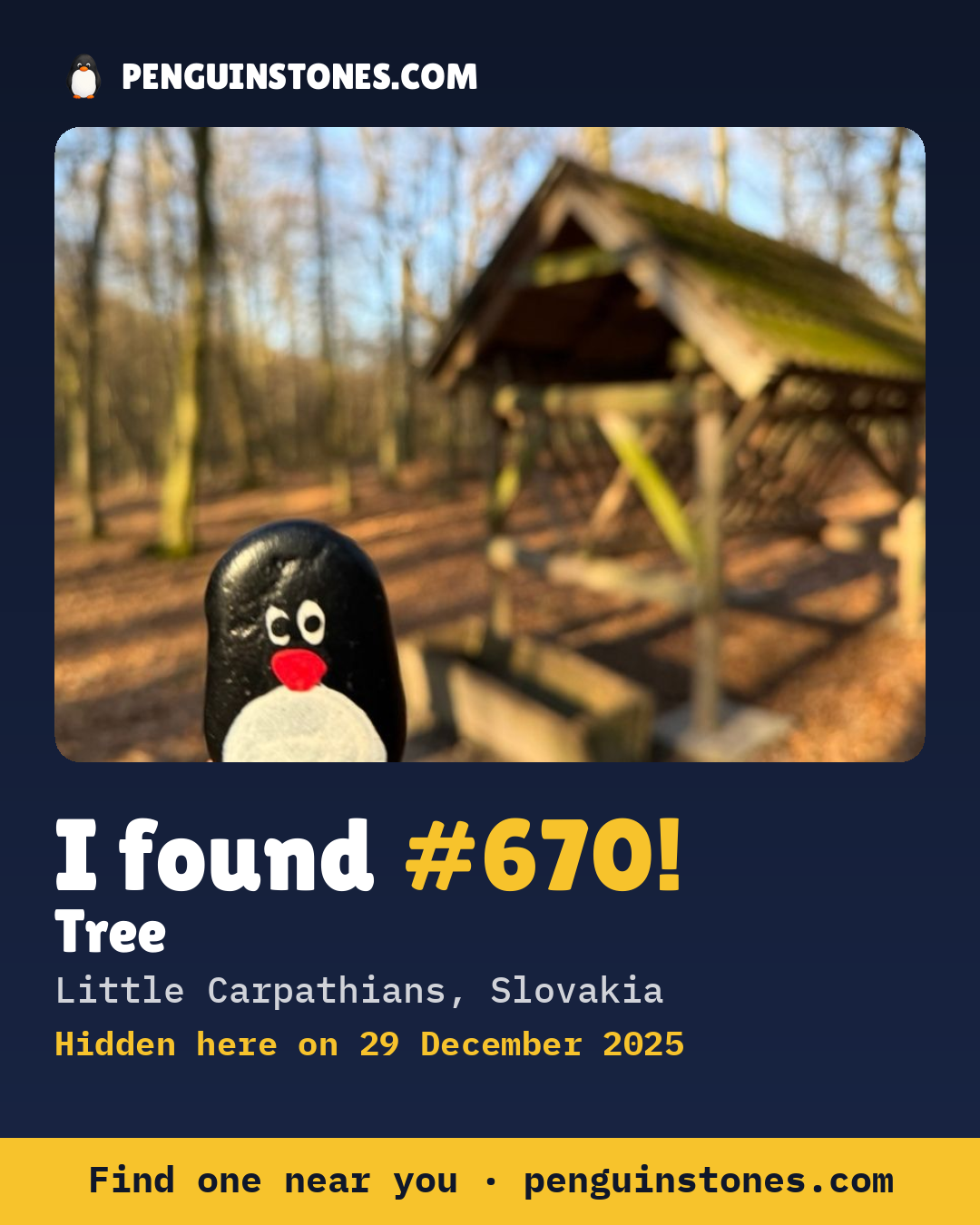 Obrázok s nápisom „I found #670“: fotka kameňa, kde je a ako ďaleko docestoval