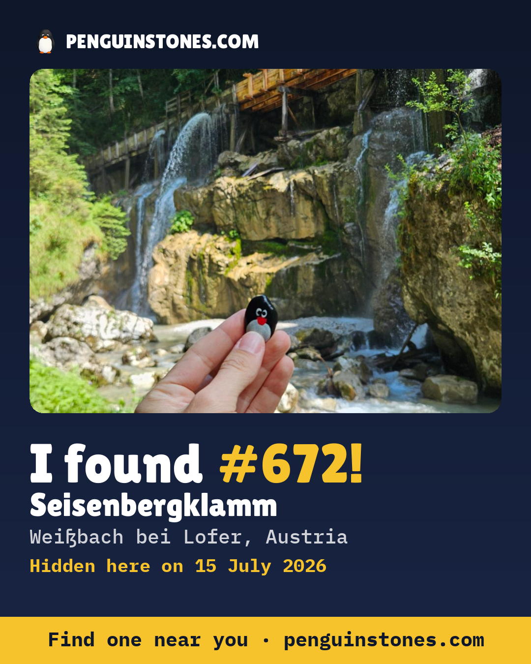 Obrázok s nápisom „I found #672“: fotka kameňa, kde je a ako ďaleko docestoval