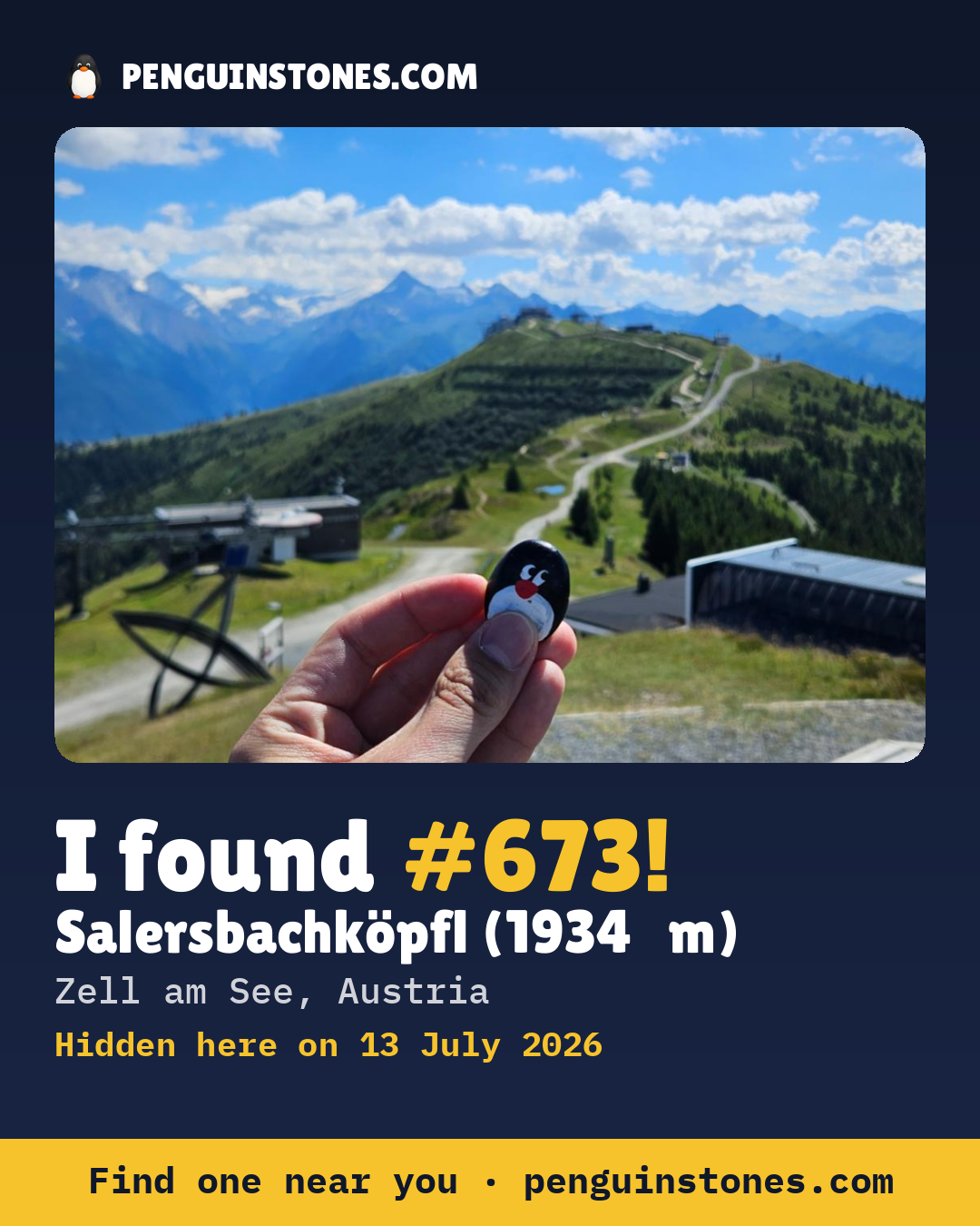 Obrázok s nápisom „I found #673“: fotka kameňa, kde je a ako ďaleko docestoval