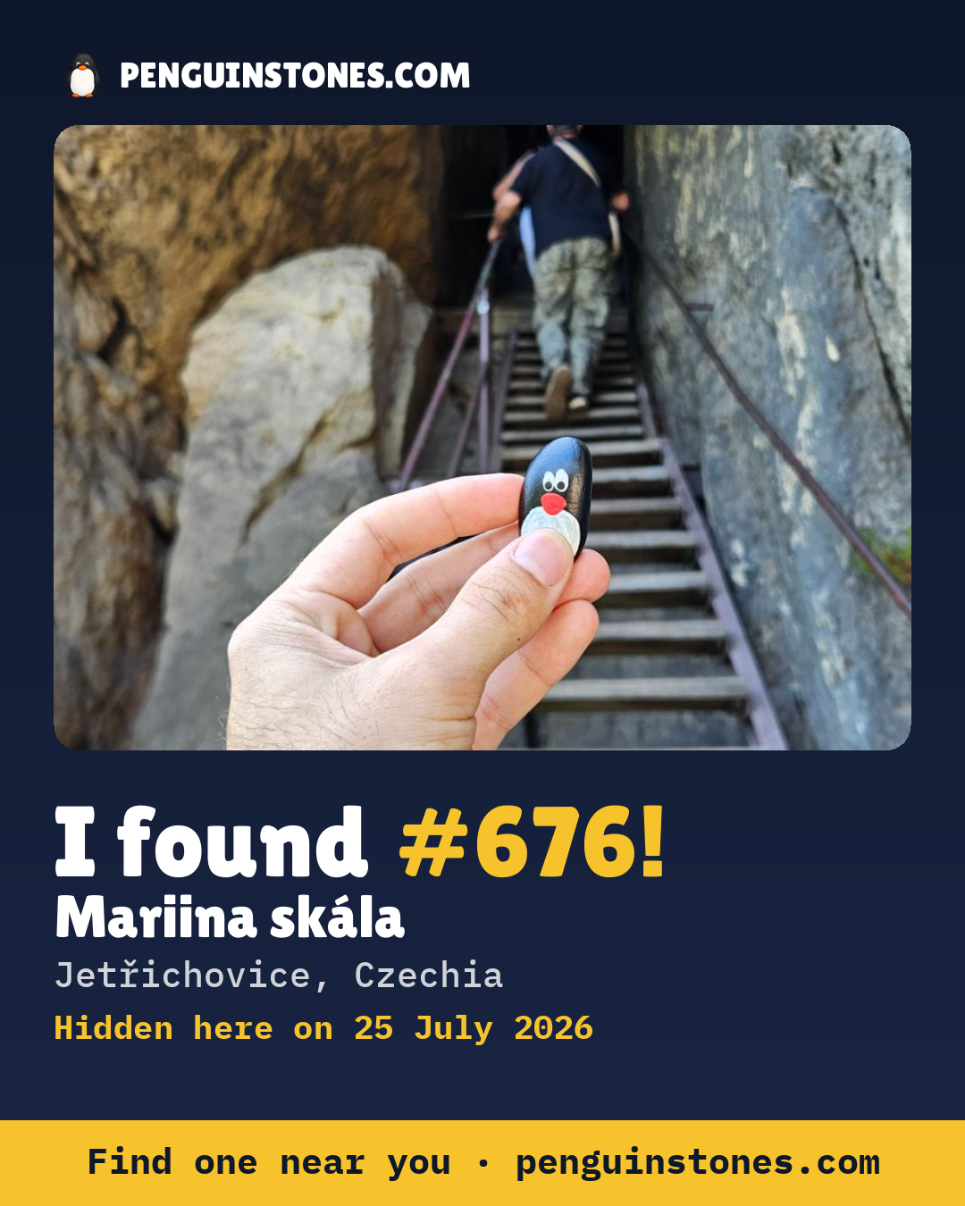 Obrázok s nápisom „I found #676“: fotka kameňa, kde je a ako ďaleko docestoval