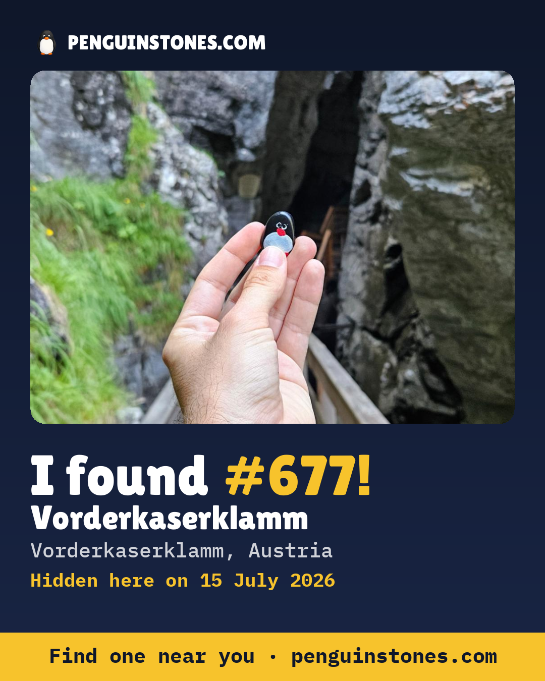 Obrázok s nápisom „I found #677“: fotka kameňa, kde je a ako ďaleko docestoval