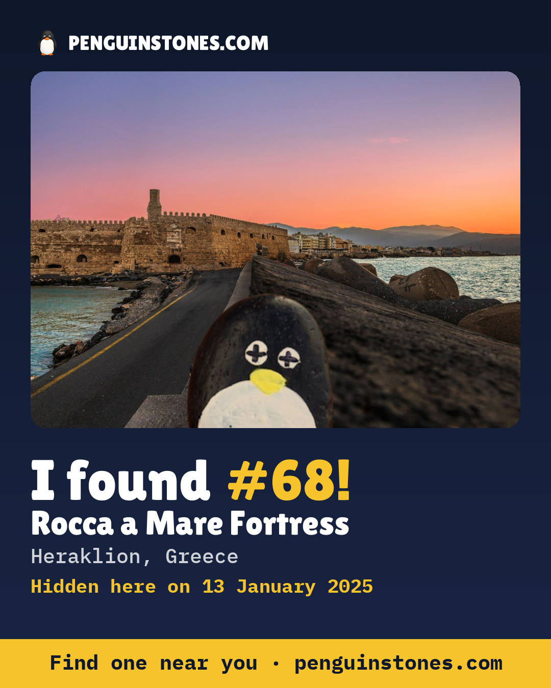 Obrázok s nápisom „I found #68“: fotka kameňa, kde je a ako ďaleko docestoval