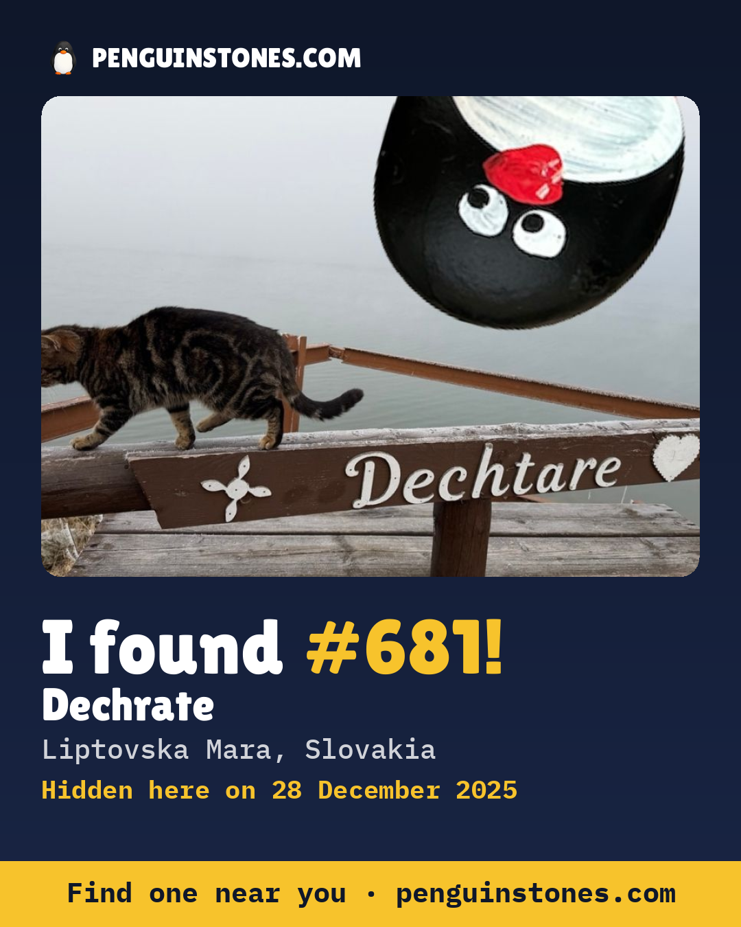 Obrázok s nápisom „I found #681“: fotka kameňa, kde je a ako ďaleko docestoval
