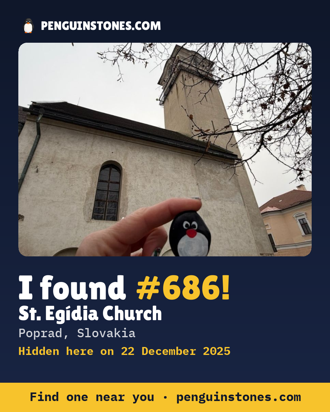 Obrázok s nápisom „I found #686“: fotka kameňa, kde je a ako ďaleko docestoval