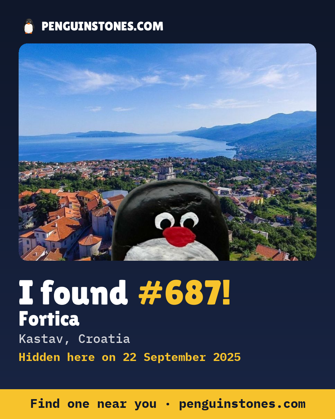 Obrázok s nápisom „I found #687“: fotka kameňa, kde je a ako ďaleko docestoval