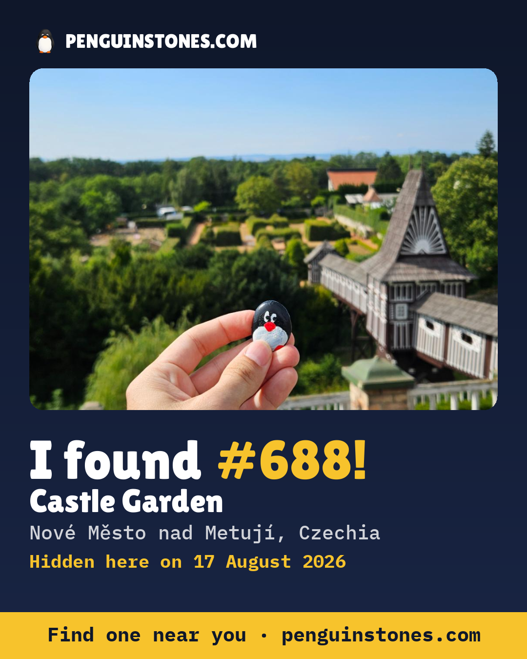 Obrázok s nápisom „I found #688“: fotka kameňa, kde je a ako ďaleko docestoval