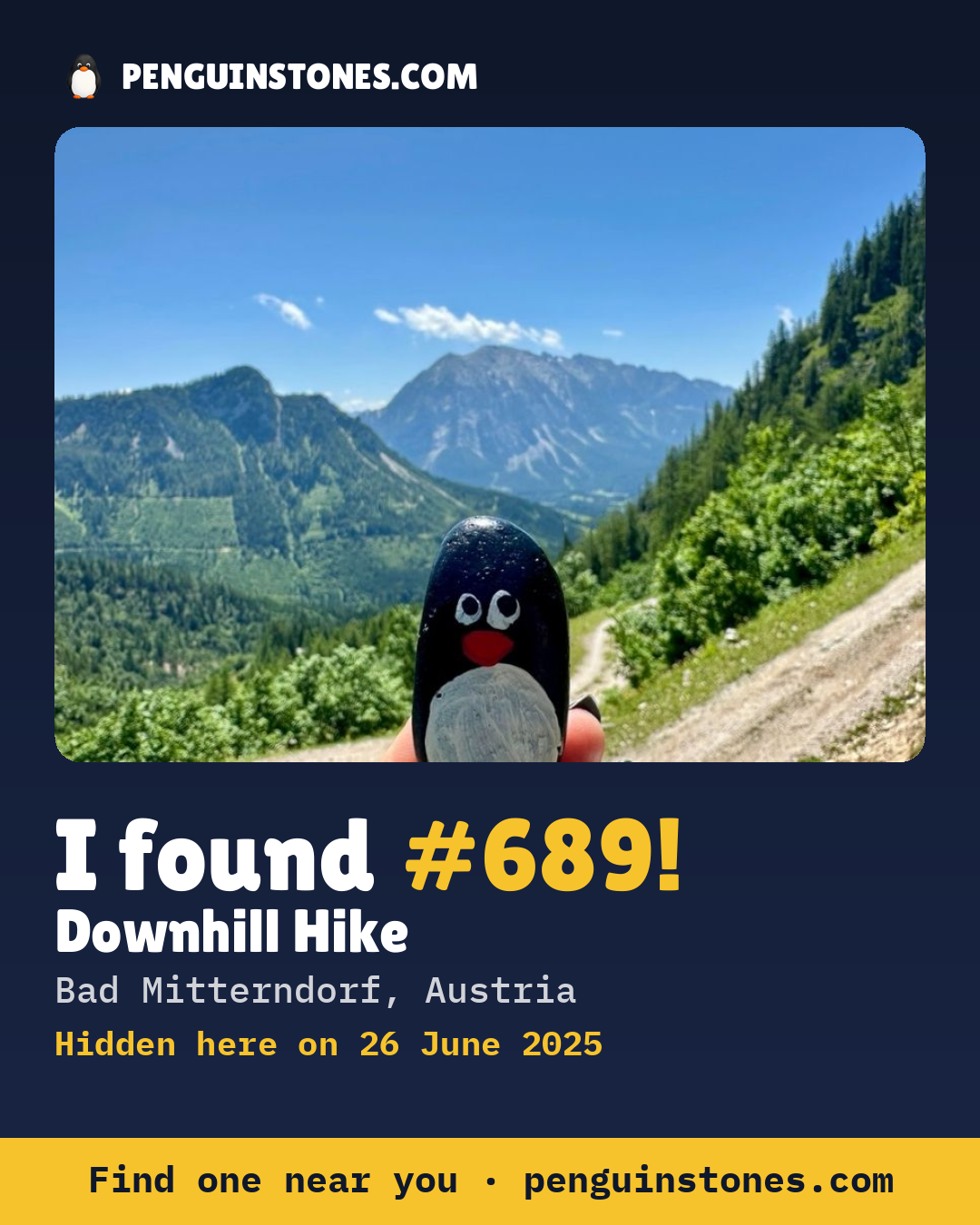 Obrázok s nápisom „I found #689“: fotka kameňa, kde je a ako ďaleko docestoval