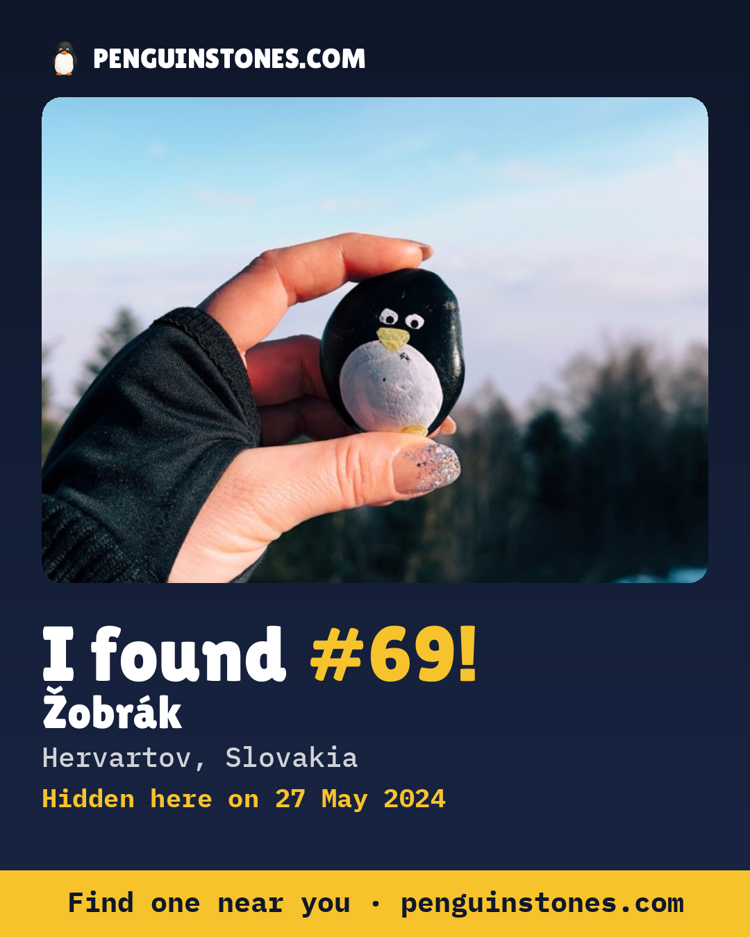 Obrázok s nápisom „I found #69“: fotka kameňa, kde je a ako ďaleko docestoval