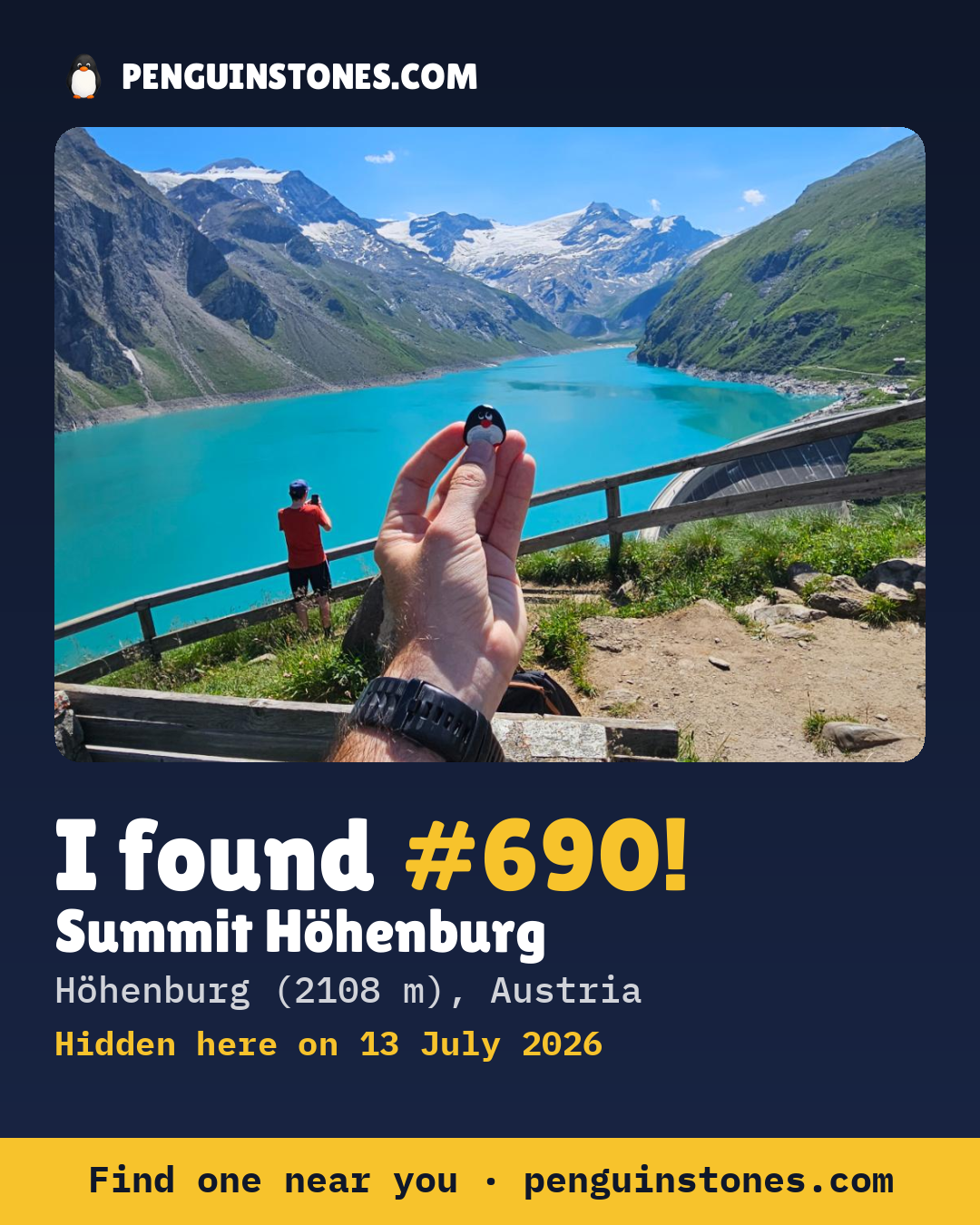 Obrázok s nápisom „I found #690“: fotka kameňa, kde je a ako ďaleko docestoval