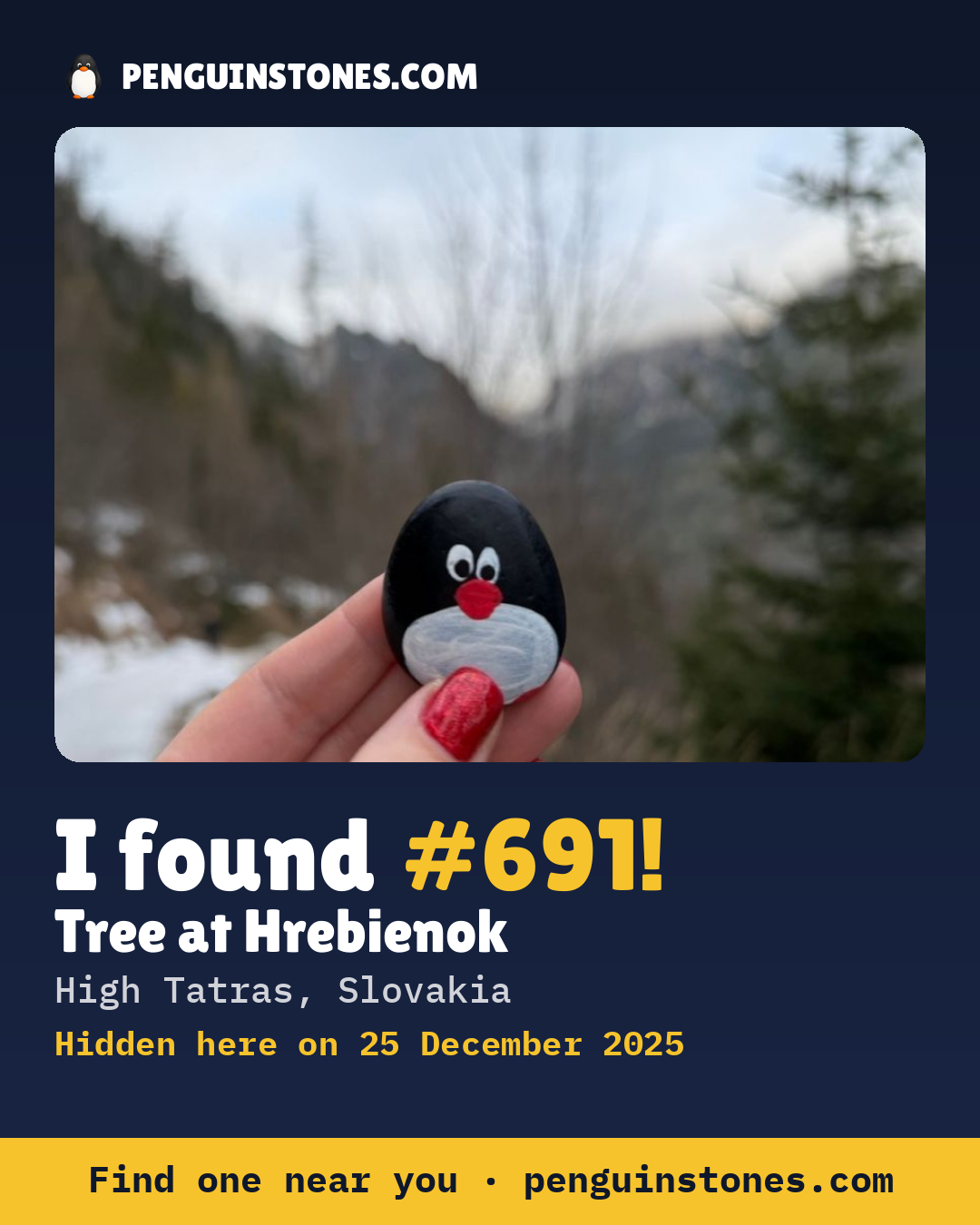 Obrázok s nápisom „I found #691“: fotka kameňa, kde je a ako ďaleko docestoval