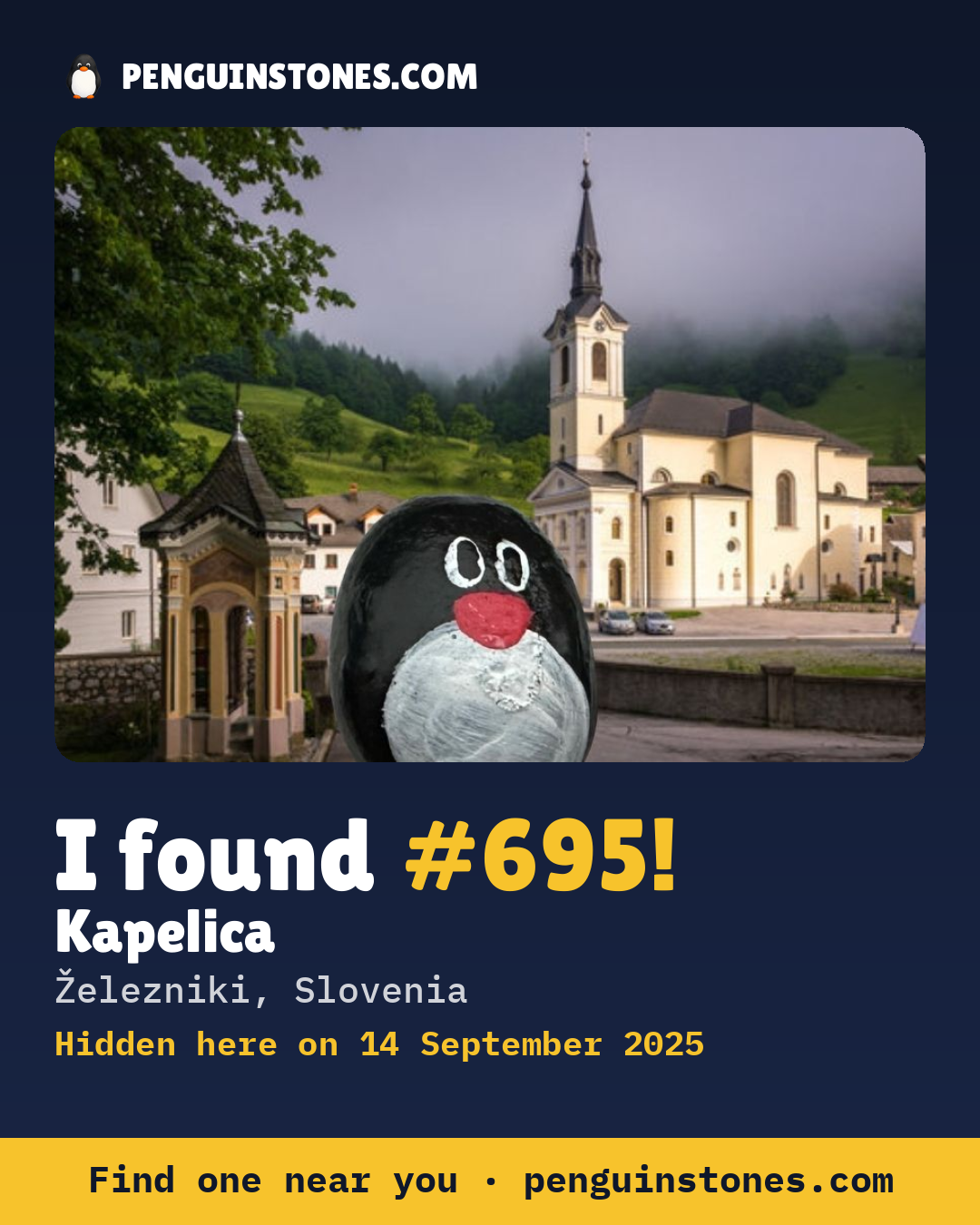 Obrázok s nápisom „I found #695“: fotka kameňa, kde je a ako ďaleko docestoval