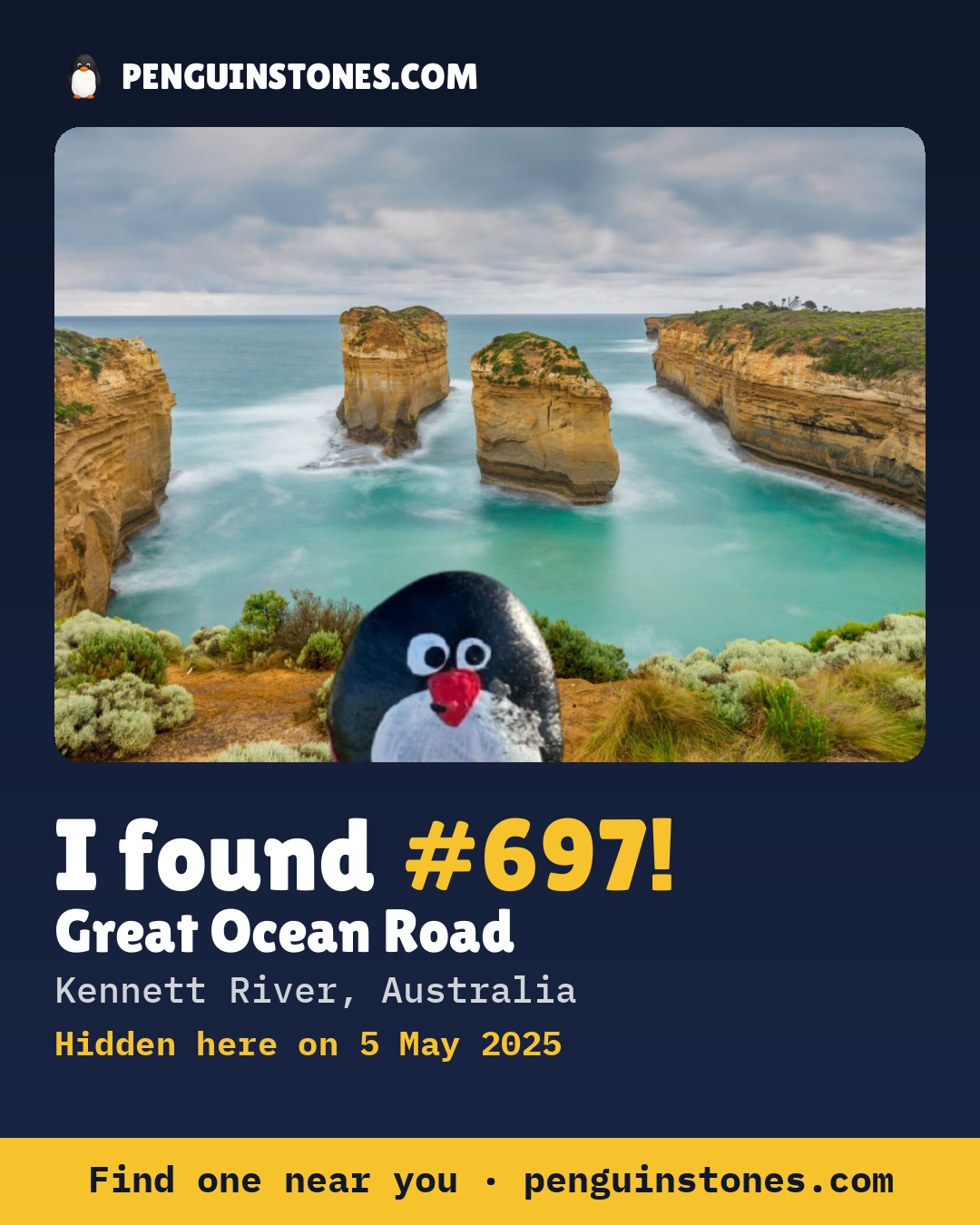 Obrázok s nápisom „I found #697“: fotka kameňa, kde je a ako ďaleko docestoval
