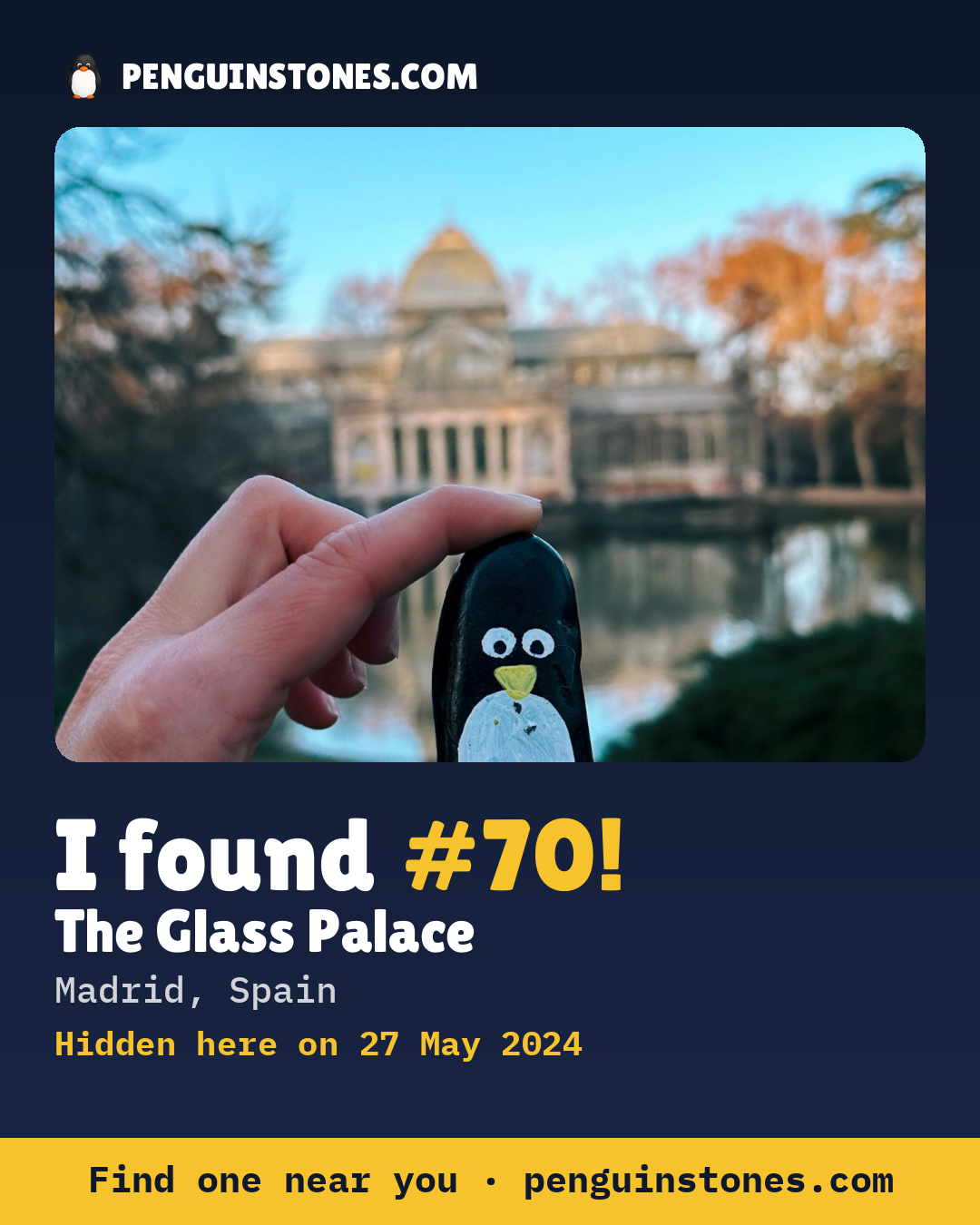 Obrázok s nápisom „I found #70“: fotka kameňa, kde je a ako ďaleko docestoval
