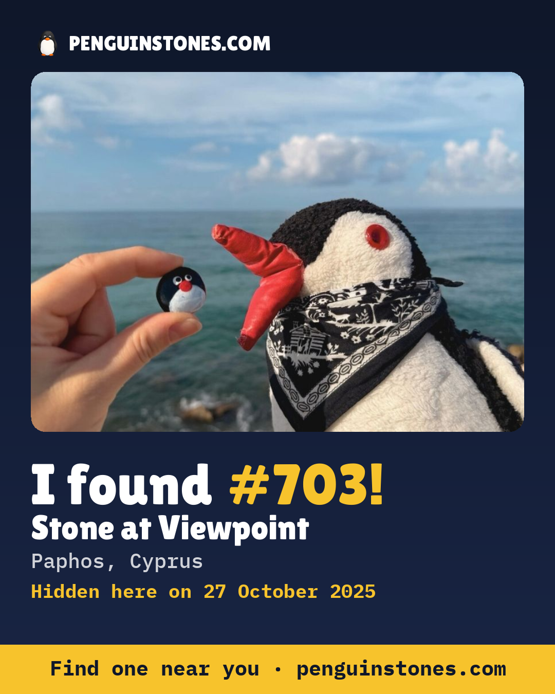 Obrázok s nápisom „I found #703“: fotka kameňa, kde je a ako ďaleko docestoval