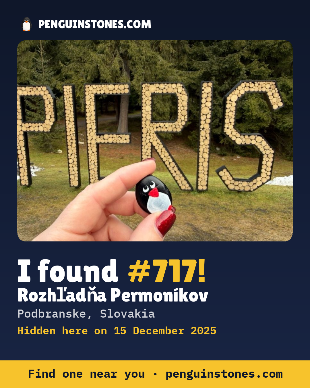 Obrázok s nápisom „I found #717“: fotka kameňa, kde je a ako ďaleko docestoval