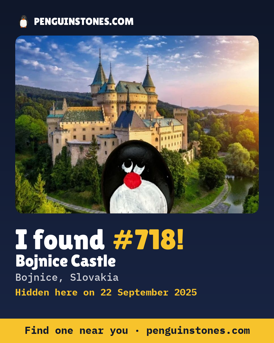 Obrázok s nápisom „I found #718“: fotka kameňa, kde je a ako ďaleko docestoval