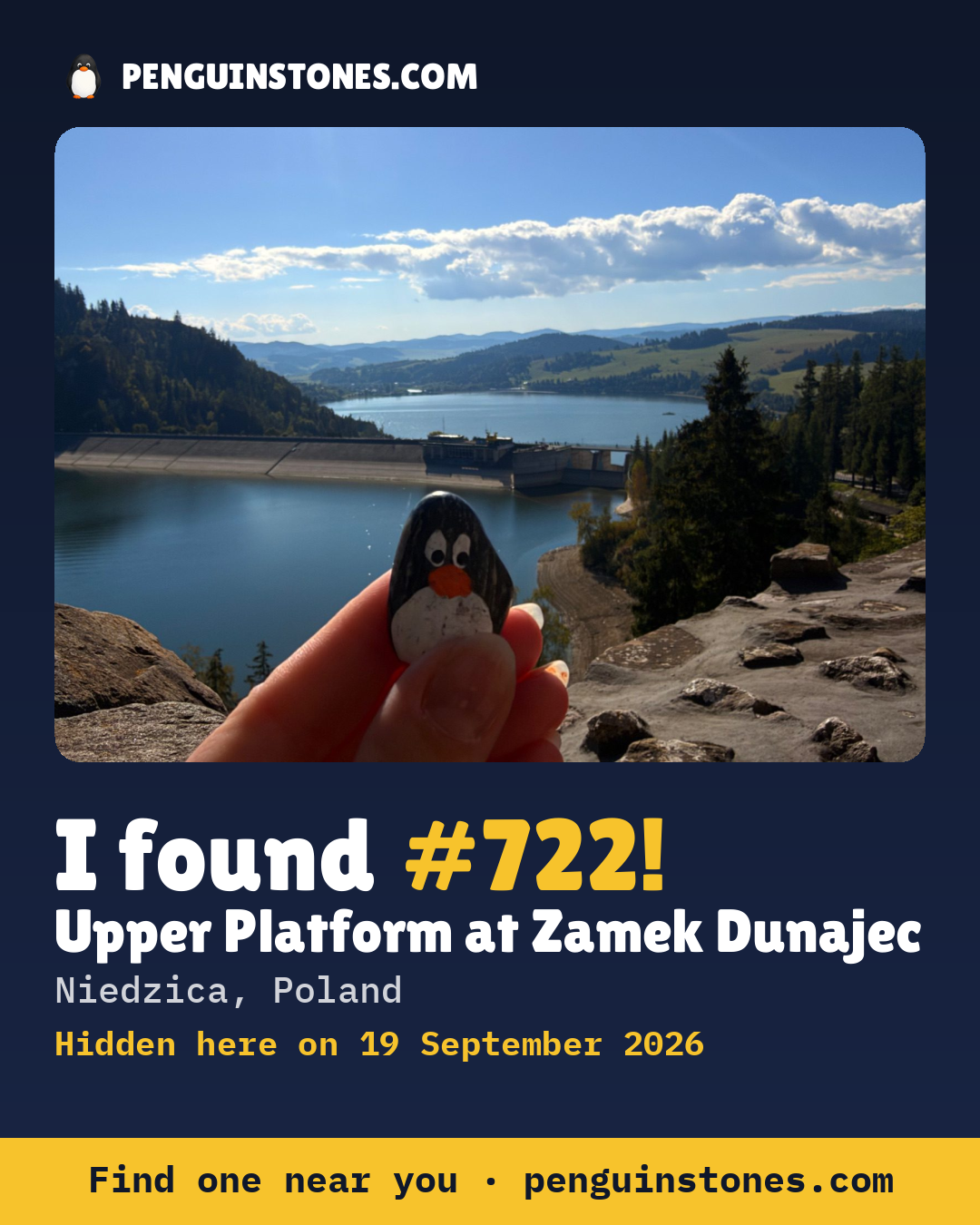 Obrázok s nápisom „I found #722“: fotka kameňa, kde je a ako ďaleko docestoval
