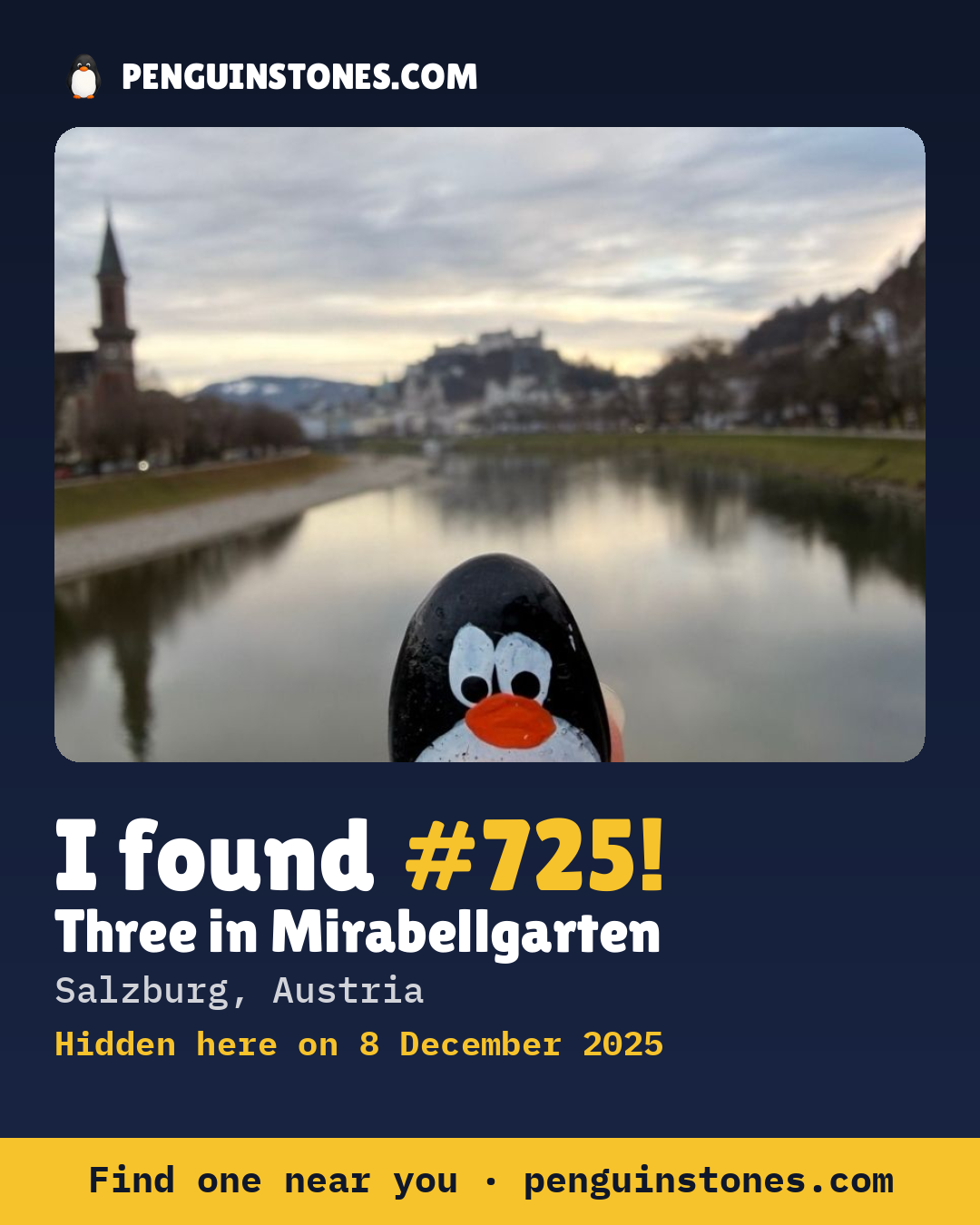 Obrázok s nápisom „I found #725“: fotka kameňa, kde je a ako ďaleko docestoval