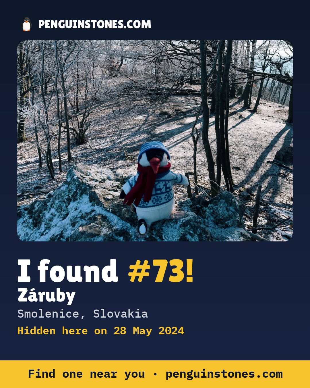 Obrázok s nápisom „I found #73“: fotka kameňa, kde je a ako ďaleko docestoval