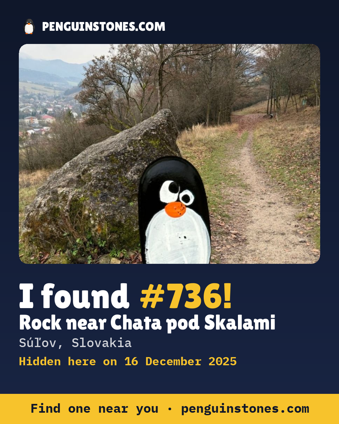 Obrázok s nápisom „I found #736“: fotka kameňa, kde je a ako ďaleko docestoval