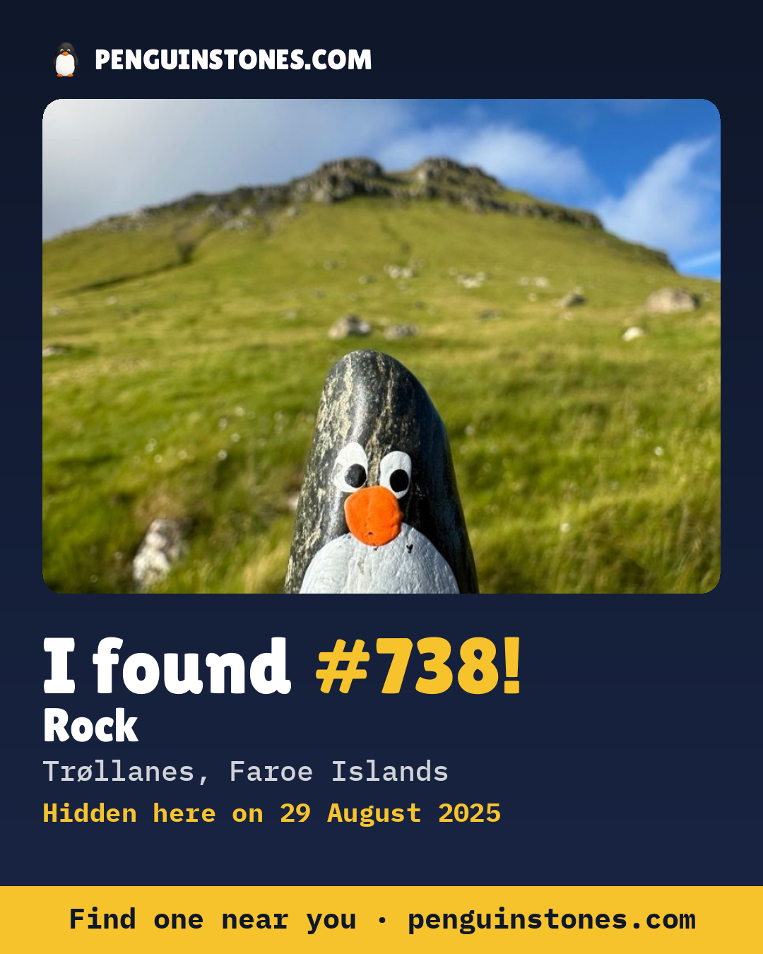 Obrázok s nápisom „I found #738“: fotka kameňa, kde je a ako ďaleko docestoval