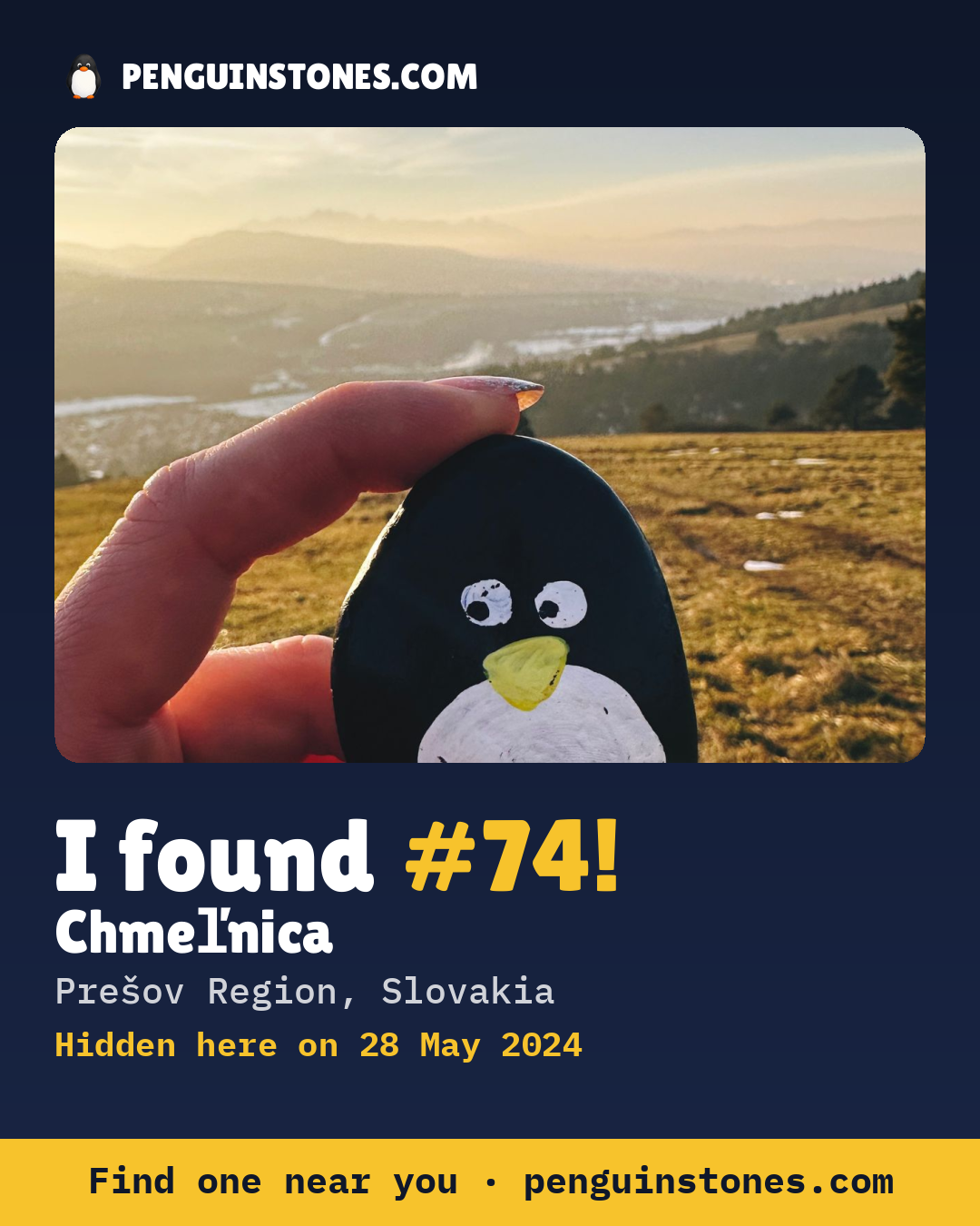 Obrázok s nápisom „I found #74“: fotka kameňa, kde je a ako ďaleko docestoval