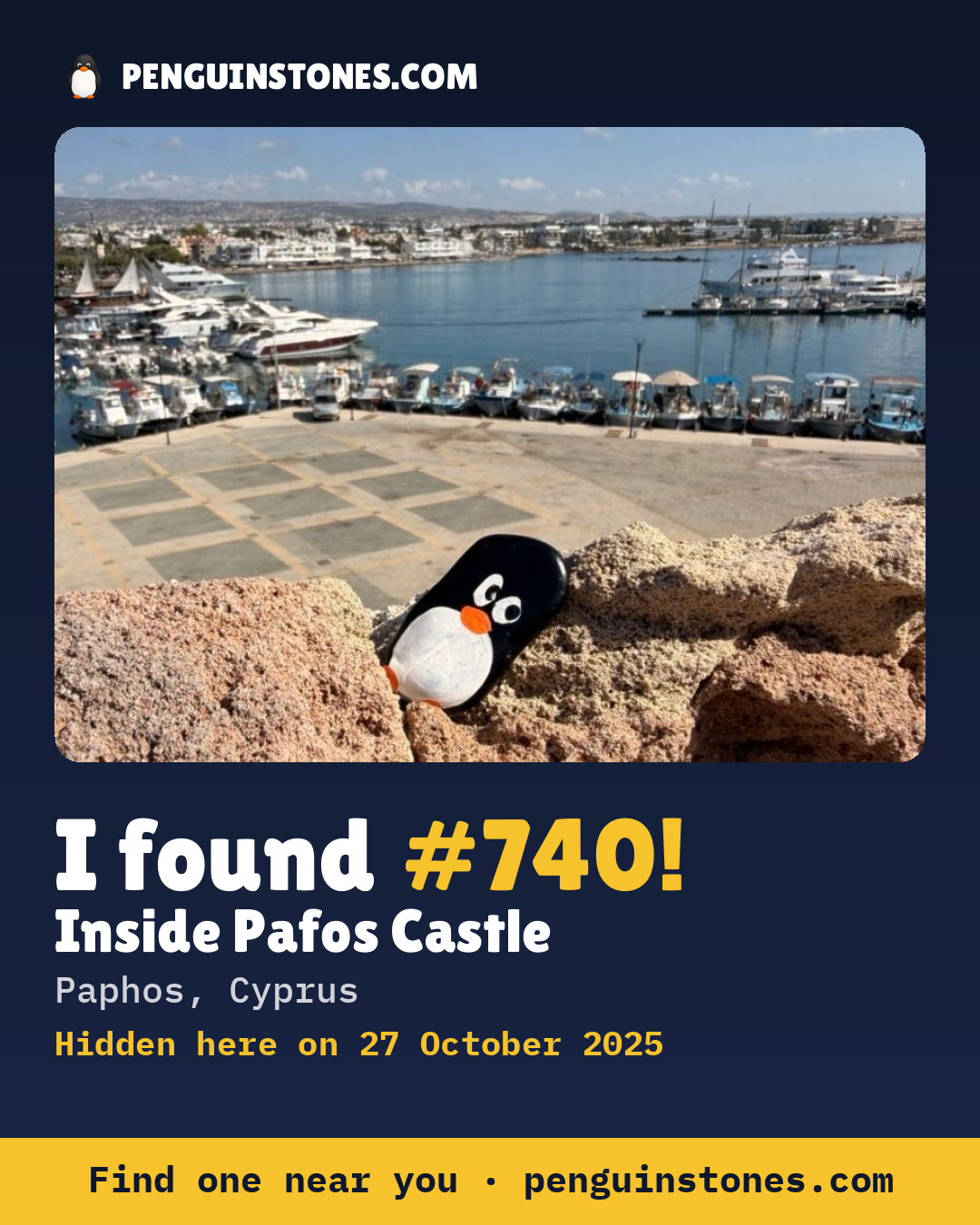 Obrázok s nápisom „I found #740“: fotka kameňa, kde je a ako ďaleko docestoval