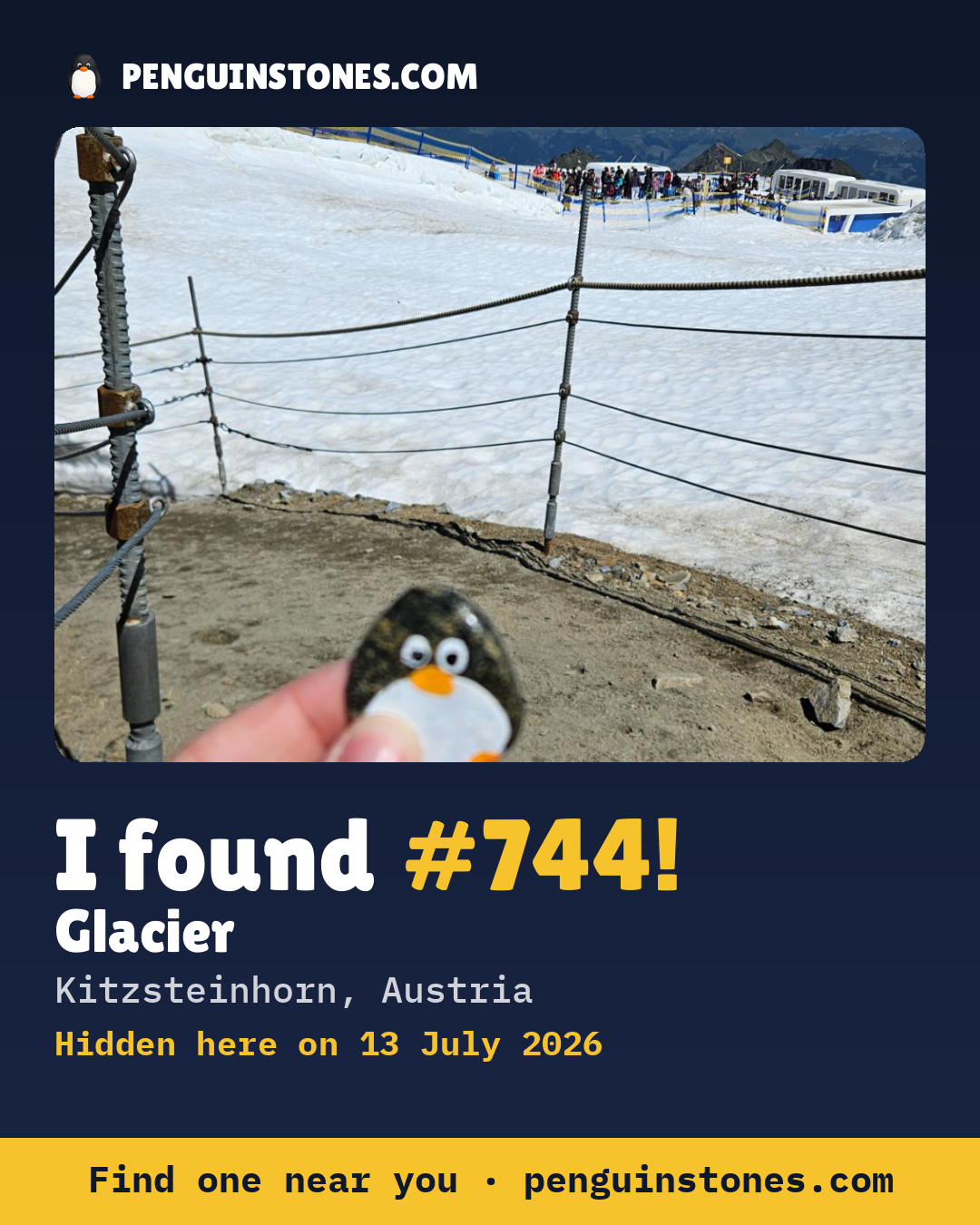 Obrázok s nápisom „I found #744“: fotka kameňa, kde je a ako ďaleko docestoval