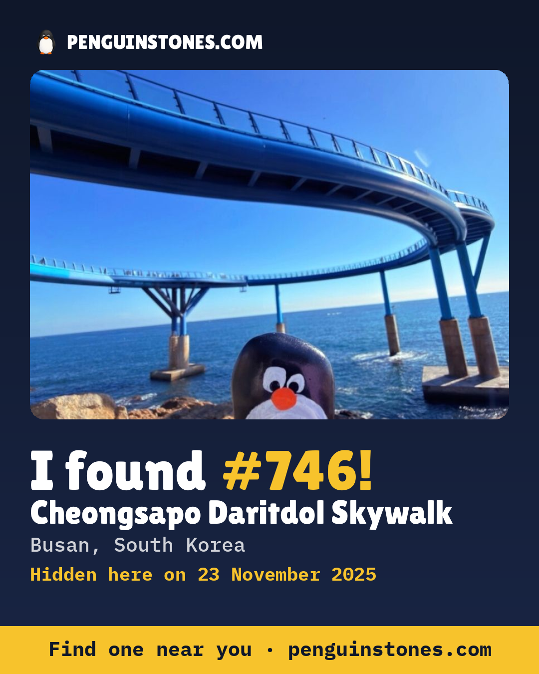 Obrázok s nápisom „I found #746“: fotka kameňa, kde je a ako ďaleko docestoval