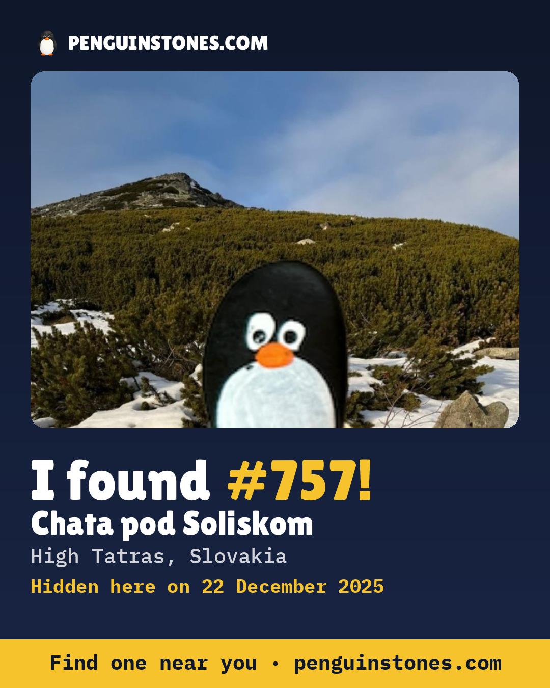 Obrázok s nápisom „I found #757“: fotka kameňa, kde je a ako ďaleko docestoval